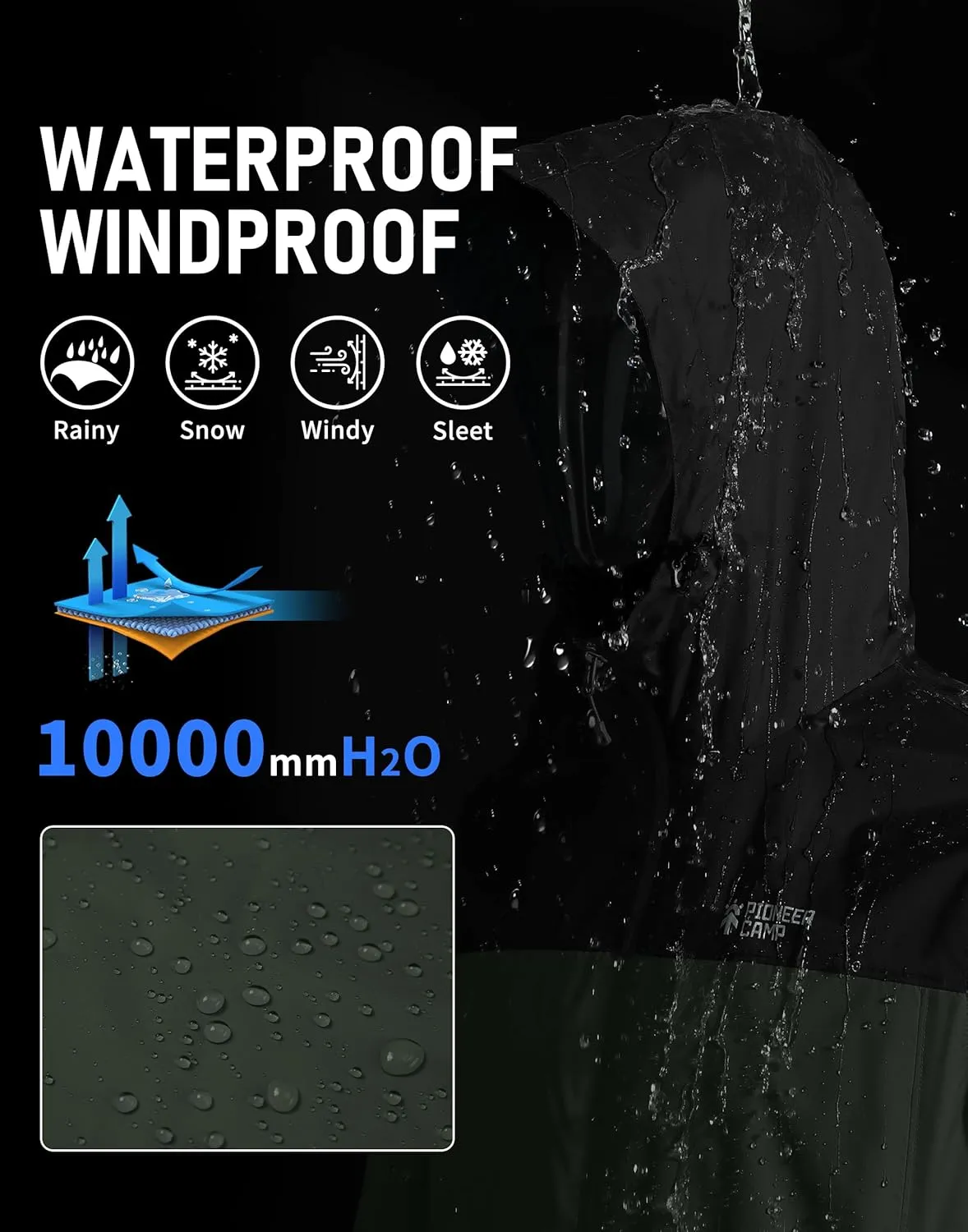 Pioneer Camp Men's Rain Jacket Waterproof with Hood Lightweight Packable Raincoat Rain Shell for Outdoor Hiking Travel