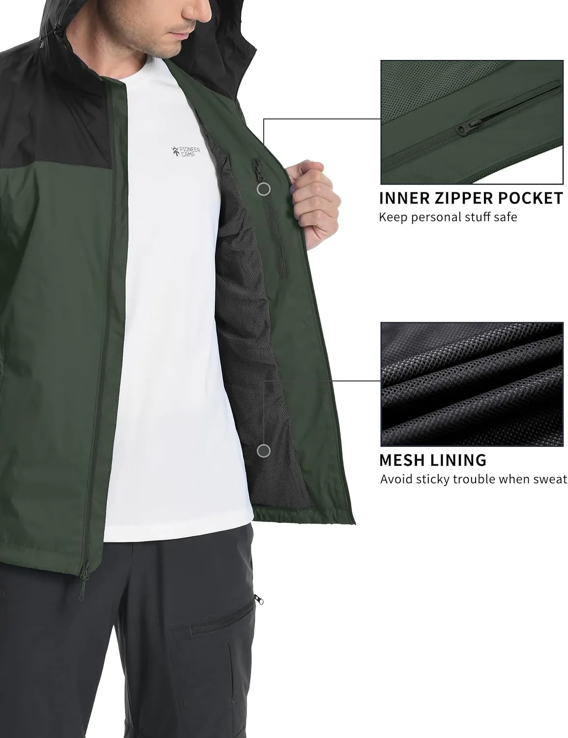 Pioneer Camp Men's Rain Jacket Waterproof with Hood Lightweight Packable Raincoat Rain Shell for Outdoor Hiking Travel
