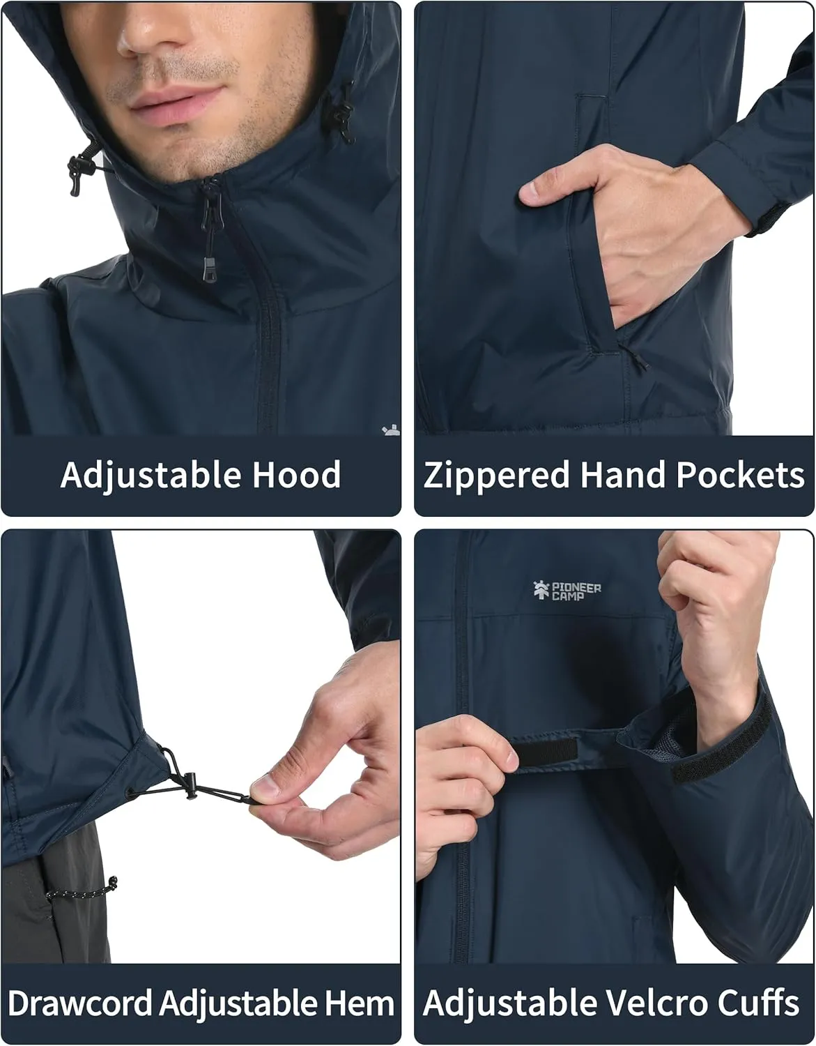 Pioneer Camp Men's Rain Jacket Waterproof with Hood Lightweight Packable Raincoat Rain Shell for Outdoor Hiking Travel
