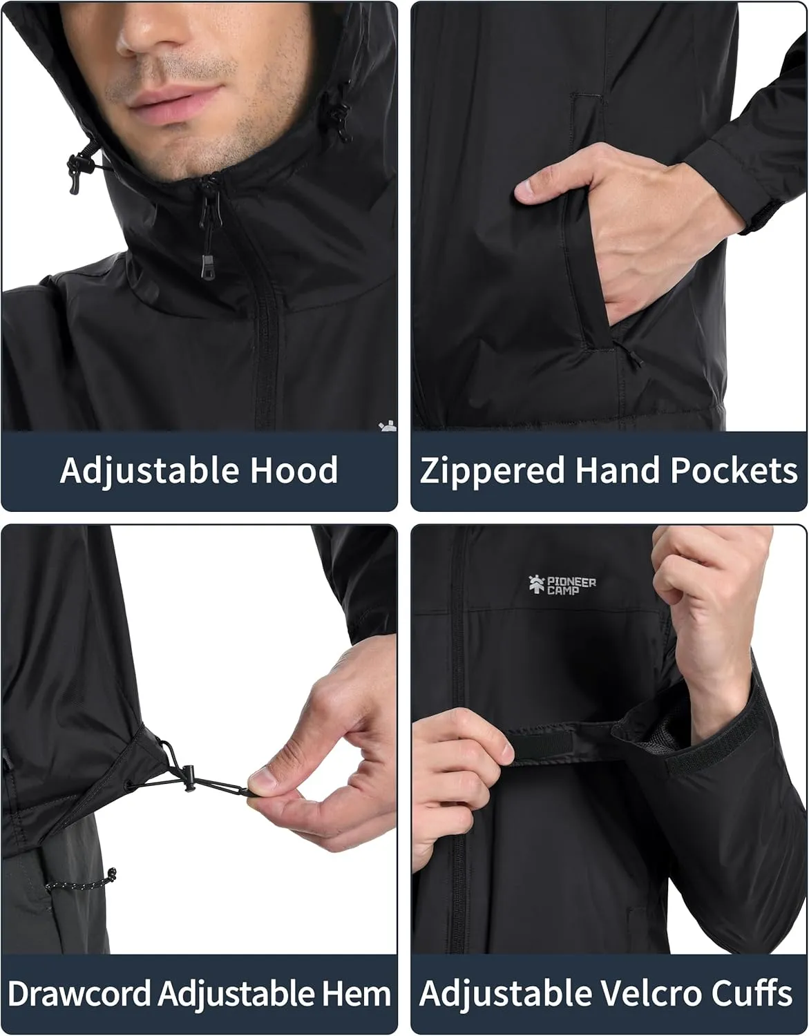 Pioneer Camp Men's Rain Jacket Waterproof with Hood Lightweight Packable Raincoat Rain Shell for Outdoor Hiking Travel