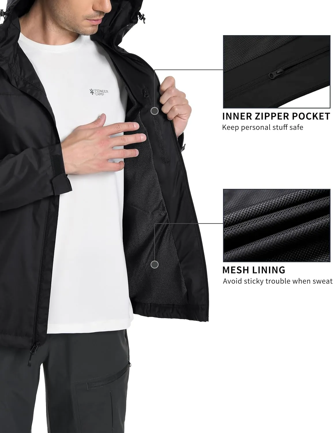 Pioneer Camp Men's Rain Jacket Waterproof with Hood Lightweight Packable Raincoat Rain Shell for Outdoor Hiking Travel