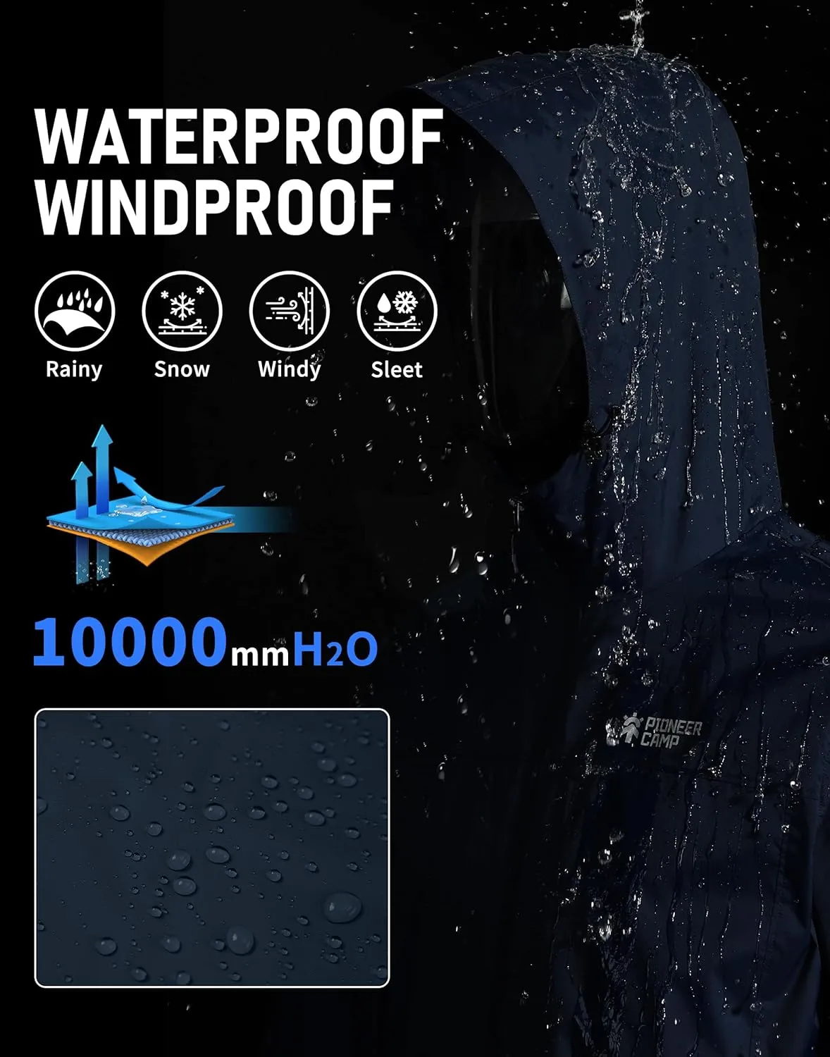 Pioneer Camp Men's Rain Jacket Waterproof with Hood Lightweight Packable Raincoat Rain Shell for Outdoor Hiking Travel