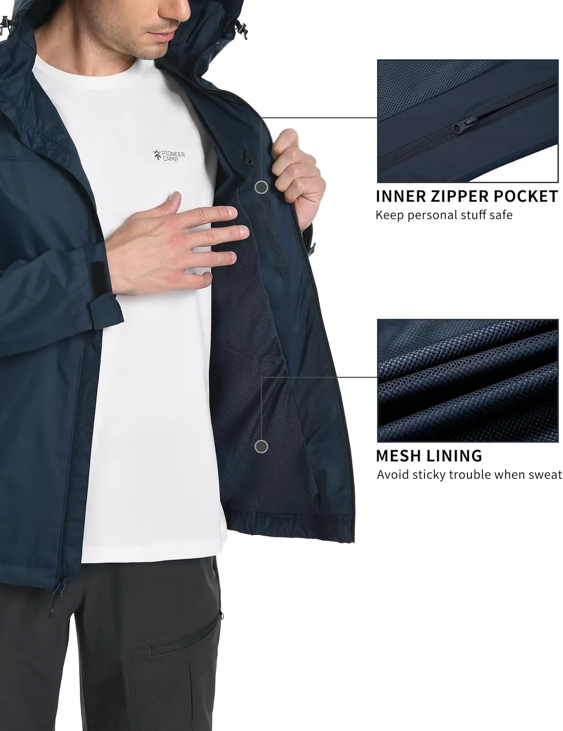 Pioneer Camp Men's Rain Jacket Waterproof with Hood Lightweight Packable Raincoat Rain Shell for Outdoor Hiking Travel