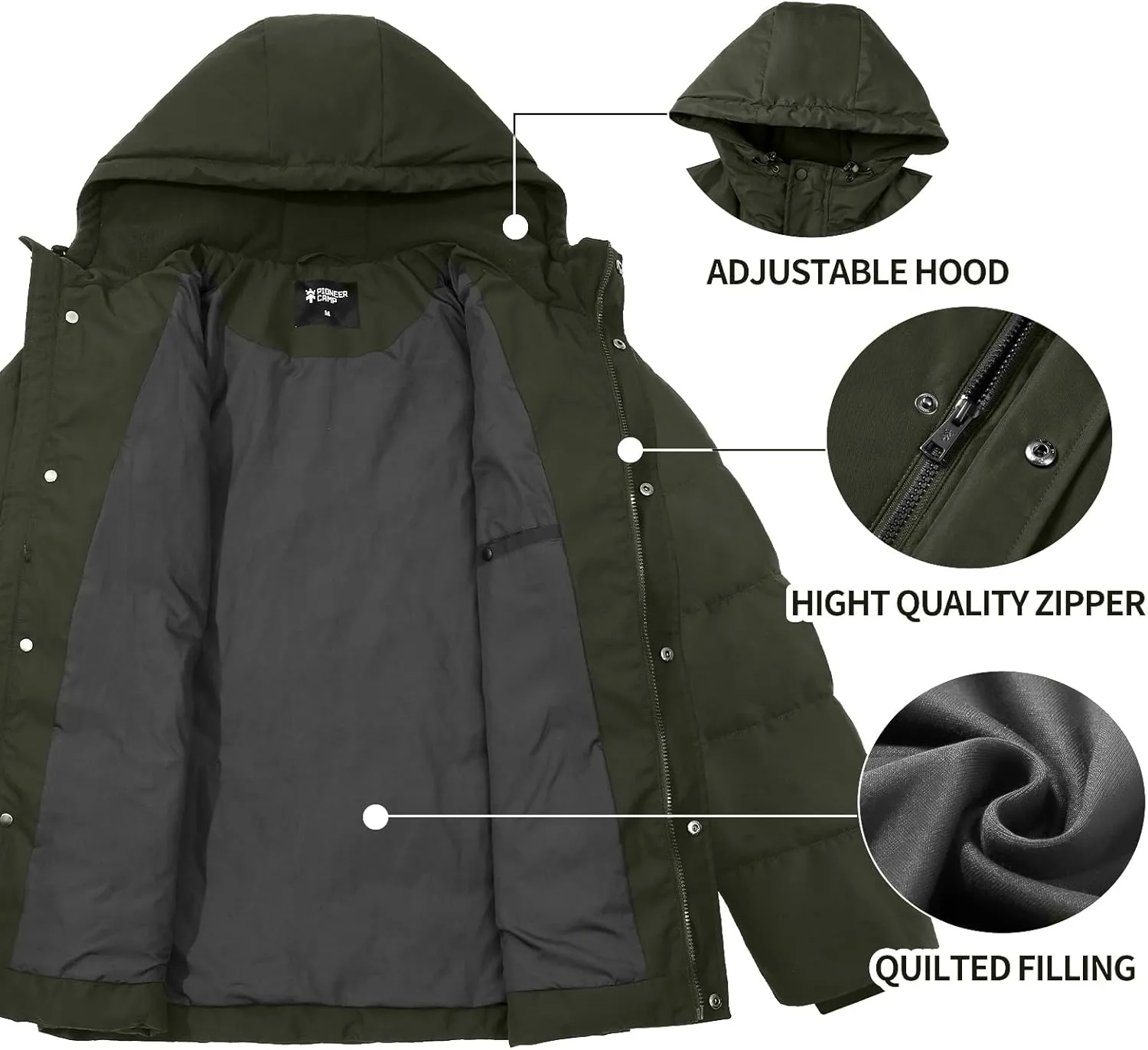 Pioneer Camp Mens Winter Coat Warm Winter Puffer Jacket Waterproof Thicken Insulated Windproof Hooded Down Quilted Coat