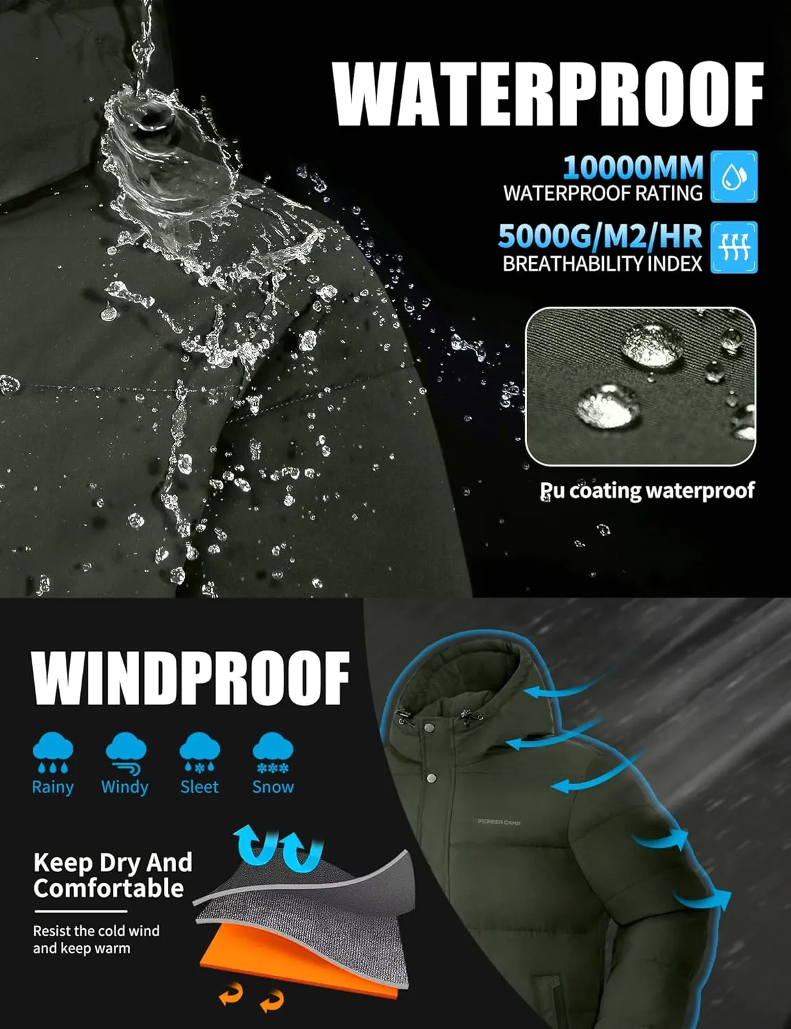 Pioneer Camp Mens Winter Coat Warm Winter Puffer Jacket Waterproof Thicken Insulated Windproof Hooded Down Quilted Coat
