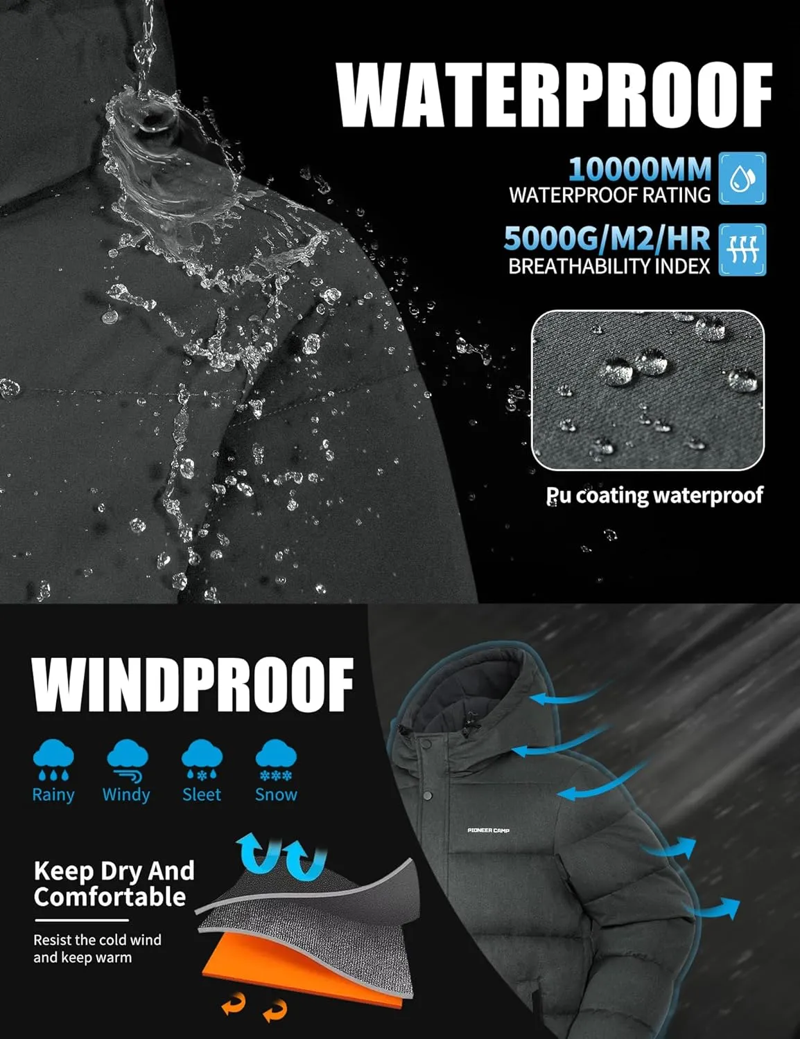 Pioneer Camp Mens Winter Coat Warm Winter Puffer Jacket Waterproof Thicken Insulated Windproof Hooded Down Quilted Coat