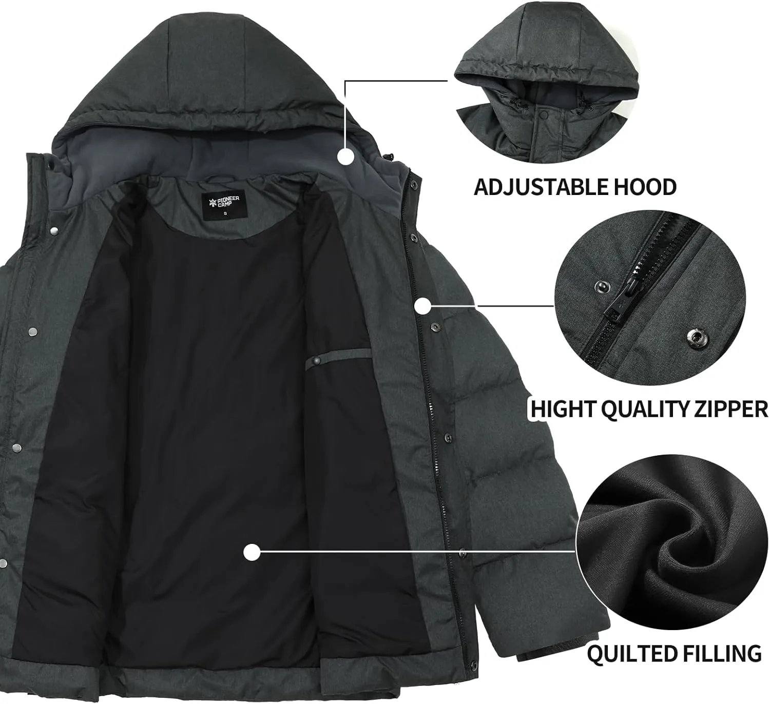 Pioneer Camp Mens Winter Coat Warm Winter Puffer Jacket Waterproof Thicken Insulated Windproof Hooded Down Quilted Coat