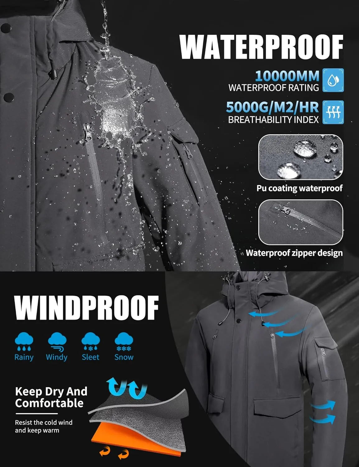 Pioneer Camp Men's Winter Coat Waterproof Fleece Lined Warm Winter Jacket with 9 Pockets Insulated Windproof Hooded Parka