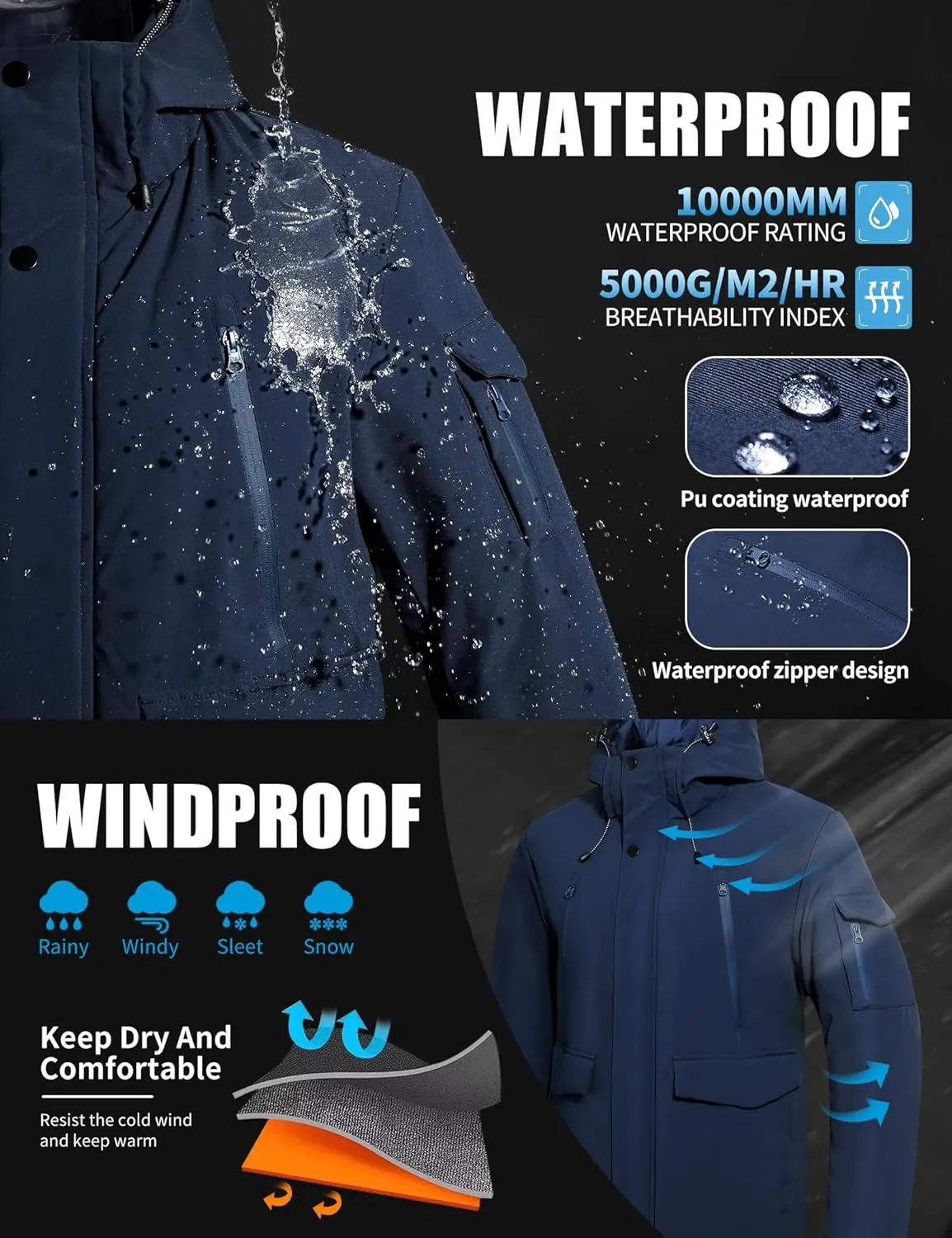Pioneer Camp Men's Winter Coat Waterproof Fleece Lined Warm Winter Jacket with 9 Pockets Insulated Windproof Hooded Parka