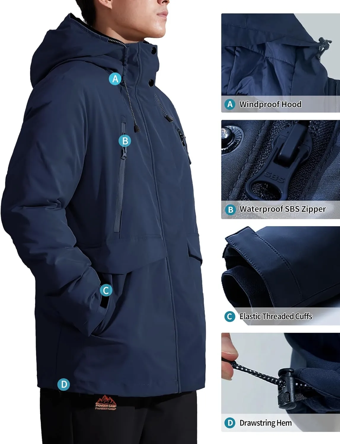 Pioneer Camp Men's Winter Coat Waterproof Fleece Lined Warm Winter Jacket with 9 Pockets Insulated Windproof Hooded Parka