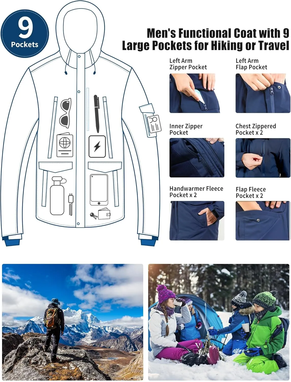 Pioneer Camp Men's Winter Coat Waterproof Fleece Lined Warm Winter Jacket with 9 Pockets Insulated Windproof Hooded Parka