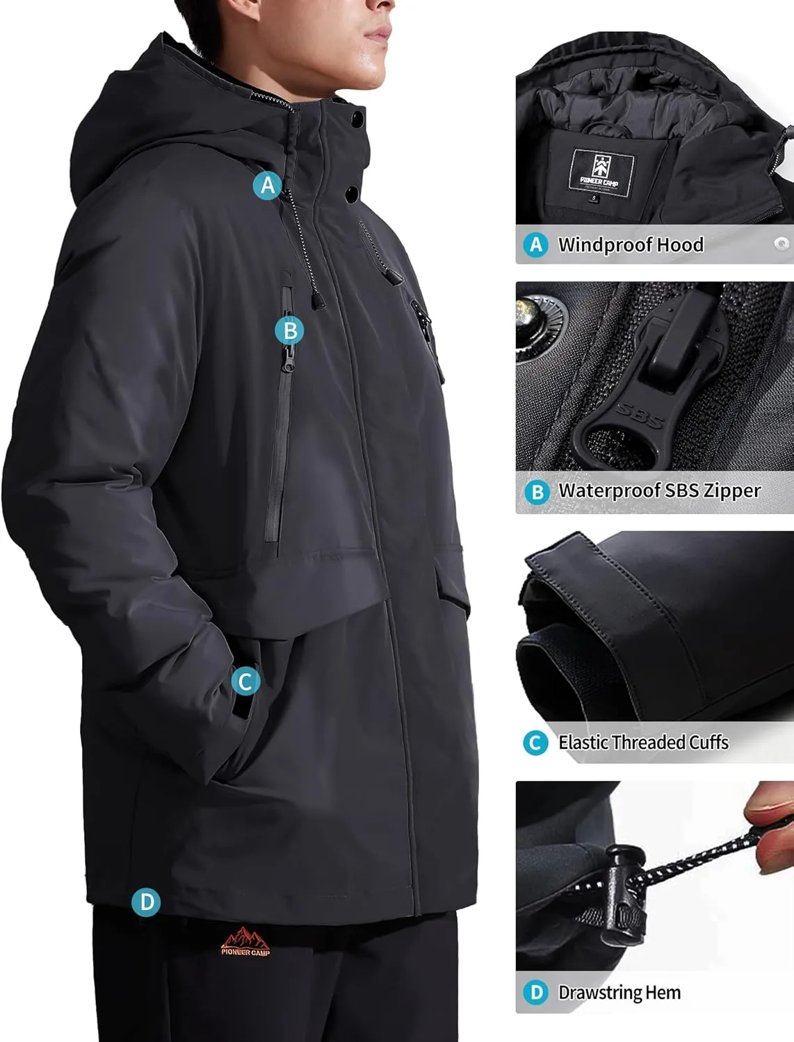Pioneer Camp Men's Winter Coat Waterproof Fleece Lined Warm Winter Jacket with 9 Pockets Insulated Windproof Hooded Parka