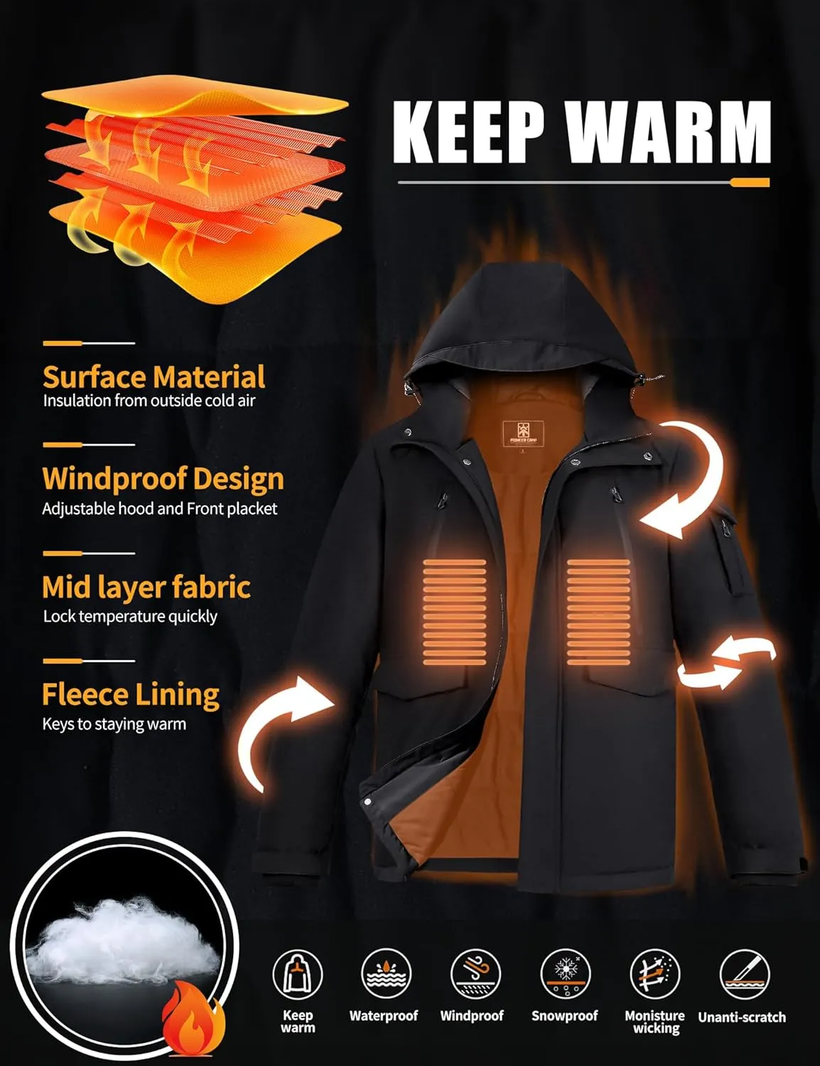 Pioneer Camp Men's Winter Coat Waterproof Fleece Lined Warm Winter Jacket with 9 Pockets Insulated Windproof Hooded Parka