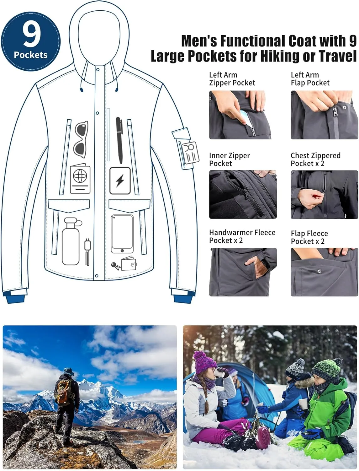 Pioneer Camp Men's Winter Coat Waterproof Fleece Lined Warm Winter Jacket with 9 Pockets Insulated Windproof Hooded Parka