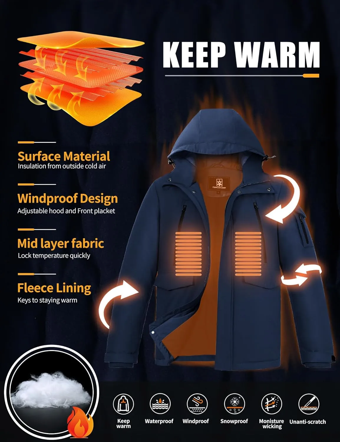 Pioneer Camp Men's Winter Coat Waterproof Fleece Lined Warm Winter Jacket with 9 Pockets Insulated Windproof Hooded Parka