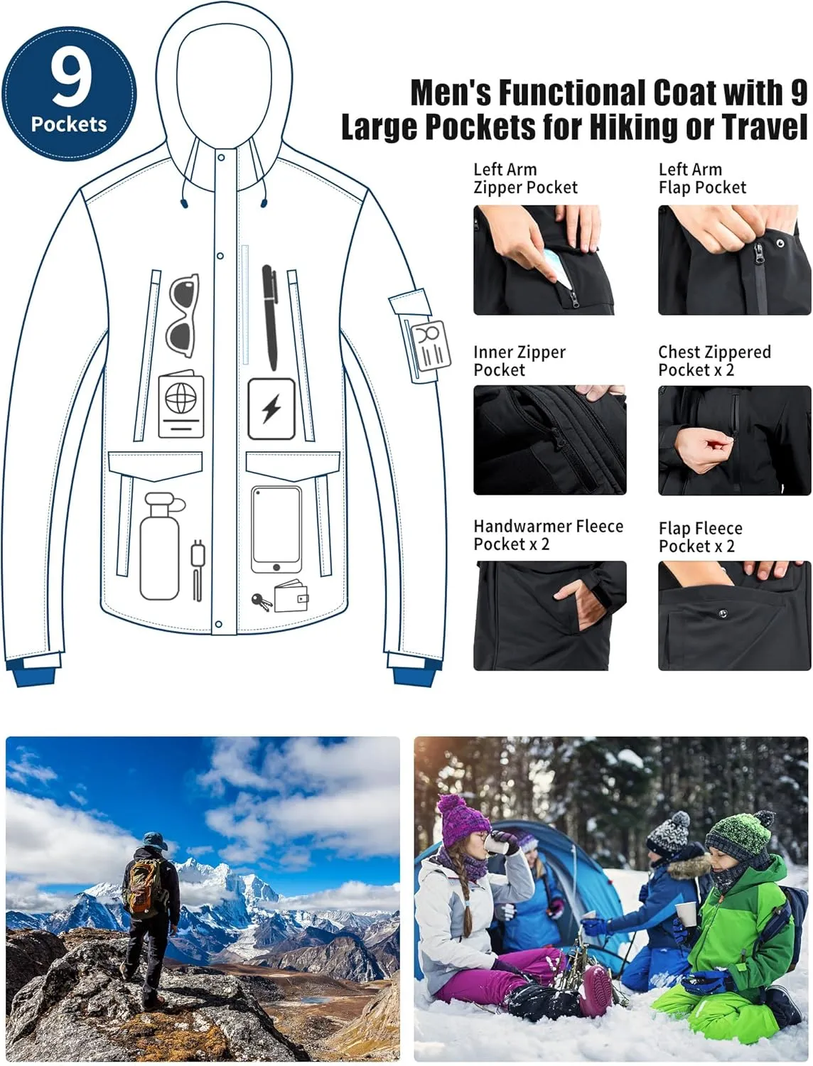 Pioneer Camp Men's Winter Coat Waterproof Fleece Lined Warm Winter Jacket with 9 Pockets Insulated Windproof Hooded Parka