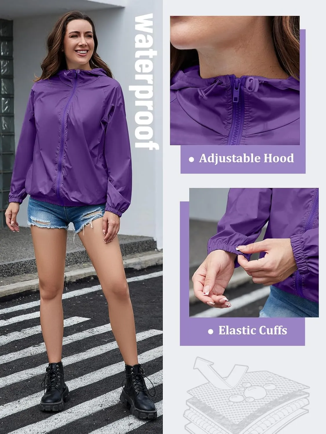 PITINAN Rain Jacket for Women Lightweight Waterproof Windbreaker Jacket Hooded Outdoor Raincoat with Pockets S-XXL