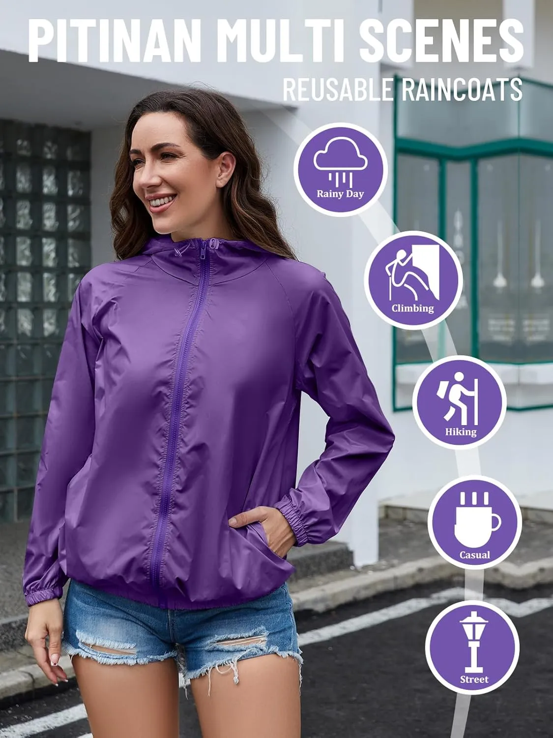 PITINAN Rain Jacket for Women Lightweight Waterproof Windbreaker Jacket Hooded Outdoor Raincoat with Pockets S-XXL