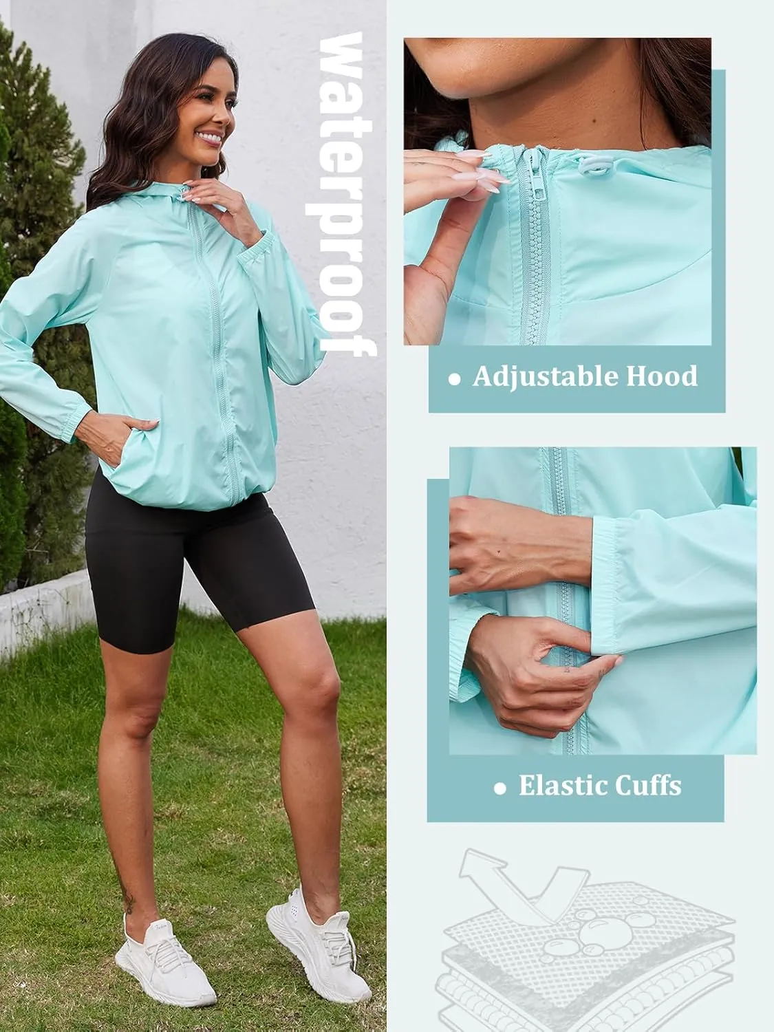 PITINAN Rain Jacket for Women Lightweight Waterproof Windbreaker Jacket Hooded Outdoor Raincoat with Pockets S-XXL