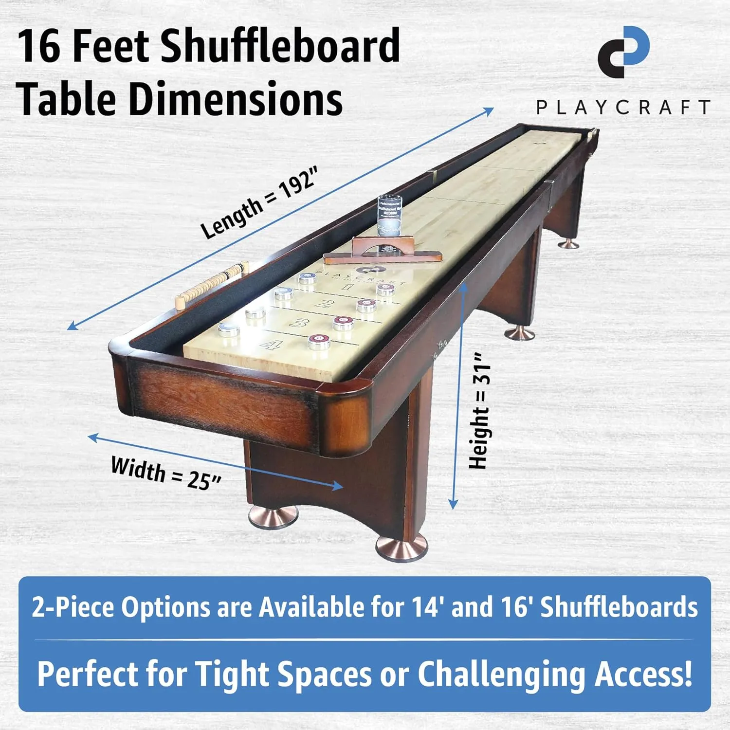 Playcraft Georgetown Shuffleboard Table with Storage Cabinet - Shuffle Board Game Table with Matching Abacus, 8 Pucks, Brush & Wax - Pro Climate Adjusters - Hand-Stained Burnished Finish