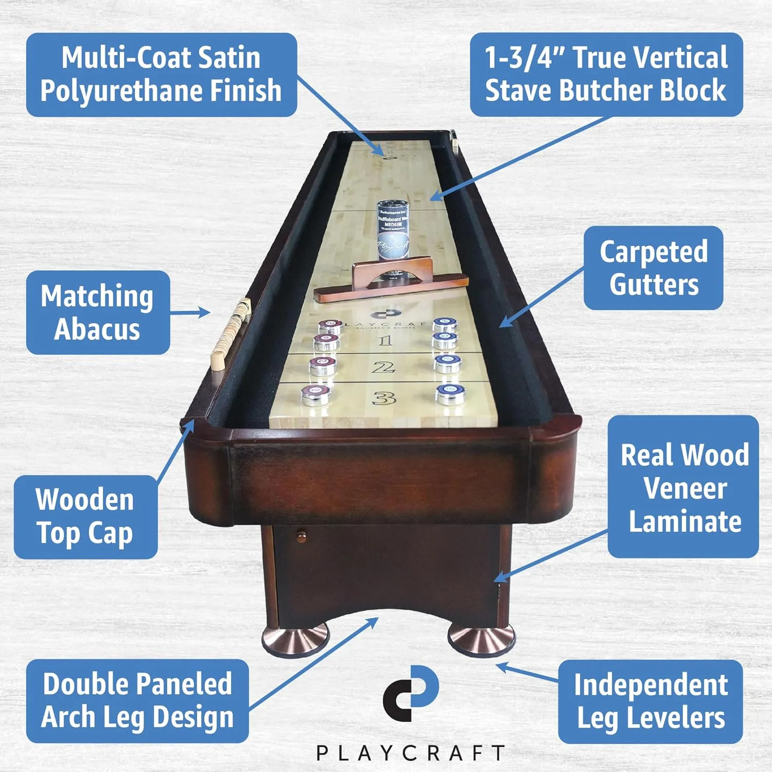Playcraft Georgetown Shuffleboard Table with Storage Cabinet - Shuffle Board Game Table with Matching Abacus, 8 Pucks, Brush & Wax - Pro Climate Adjusters - Hand-Stained Burnished Finish