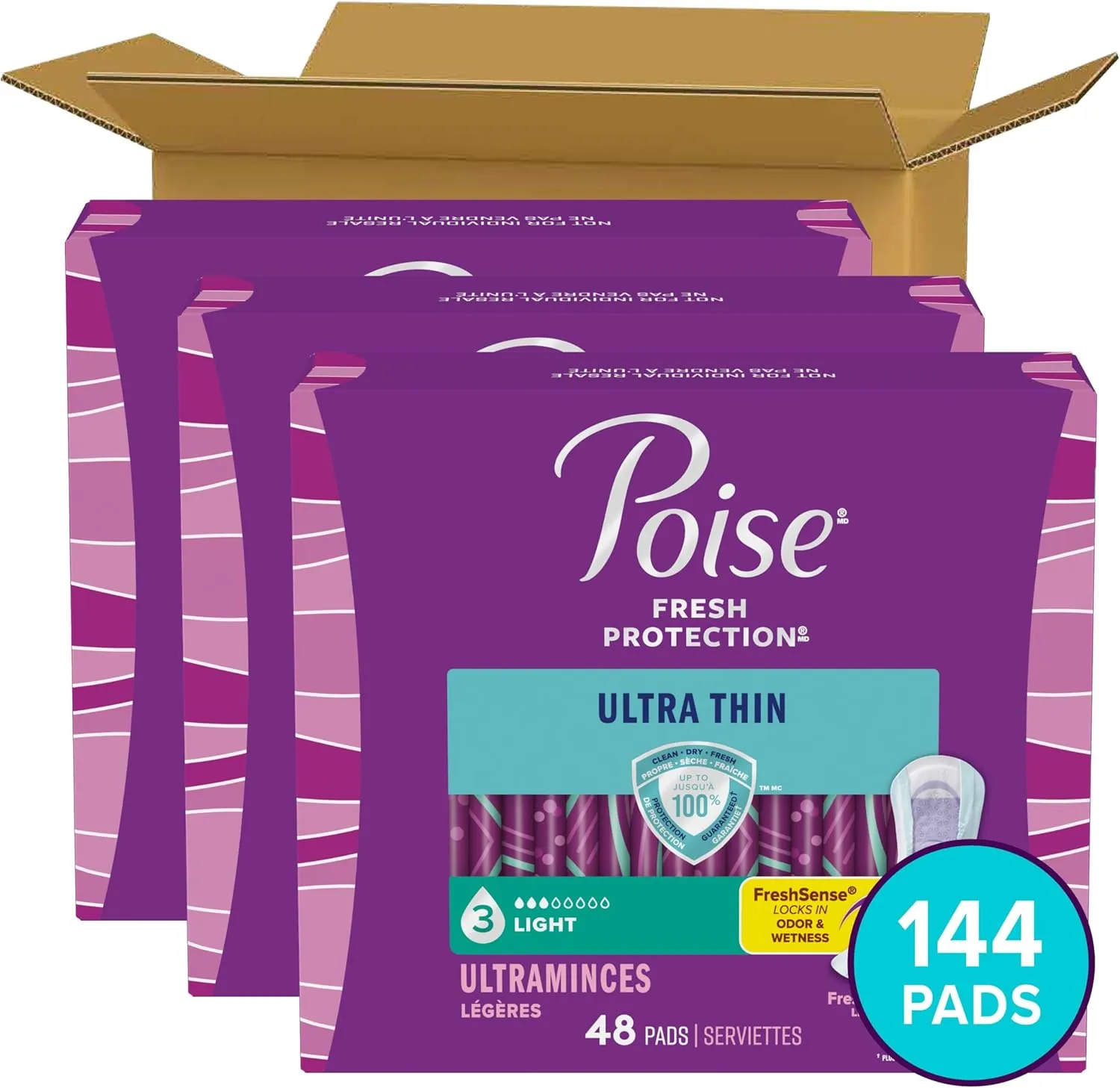 Poise Ultra Thin Incontinence Pads & Postpartum Pads for Bladder Leaks, 3 Drop Light Absorbency, Regular Length, 144 Count, Packaging May Vary