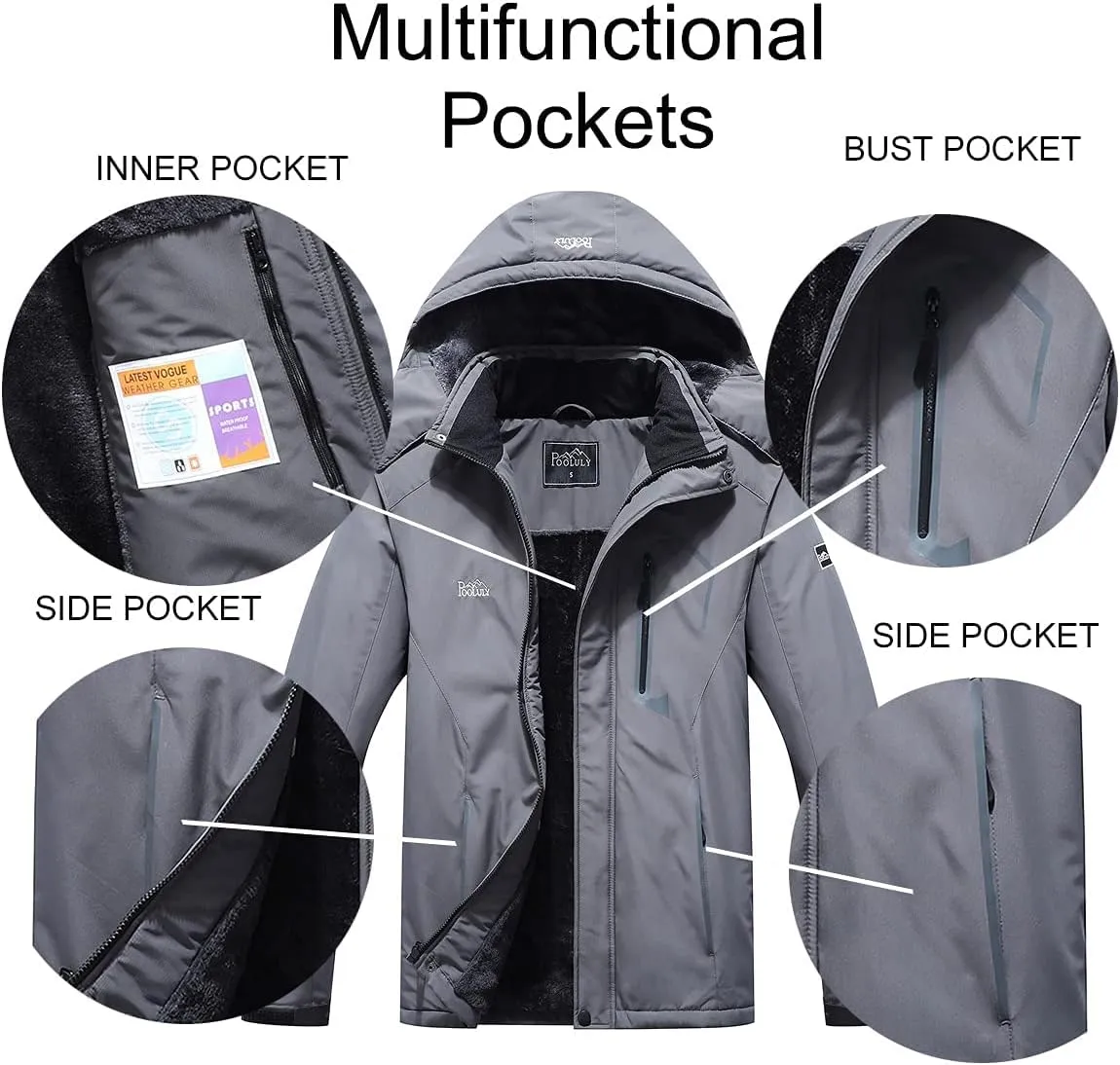Pooluly Men's Ski Jacket Warm Winter Waterproof Windbreaker Hooded Raincoat Snowboarding Jackets
