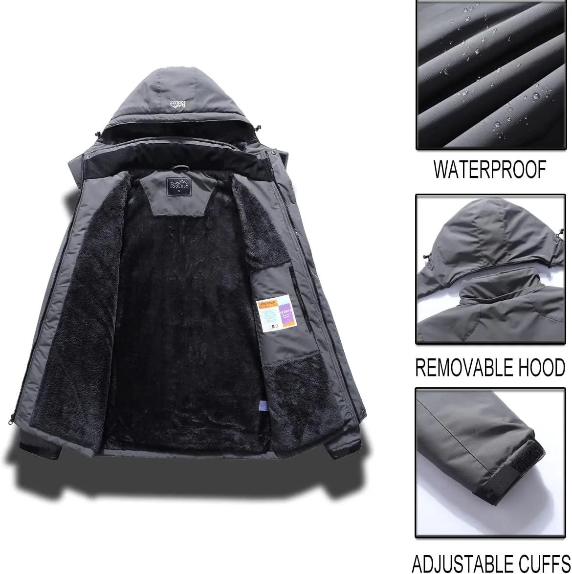 Pooluly Men's Ski Jacket Warm Winter Waterproof Windbreaker Hooded Raincoat Snowboarding Jackets