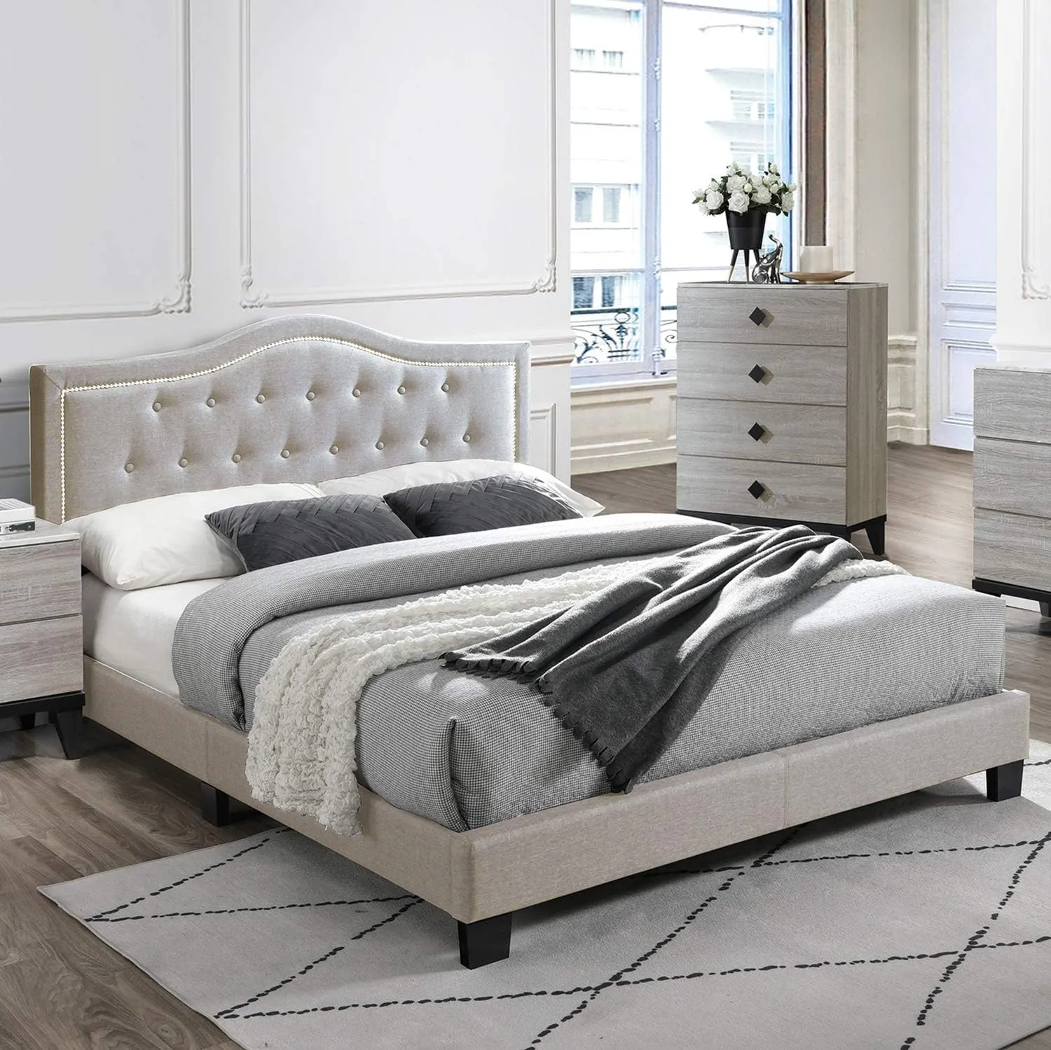 Poundex Twin Fabric Upholstered Bed, Light Brown