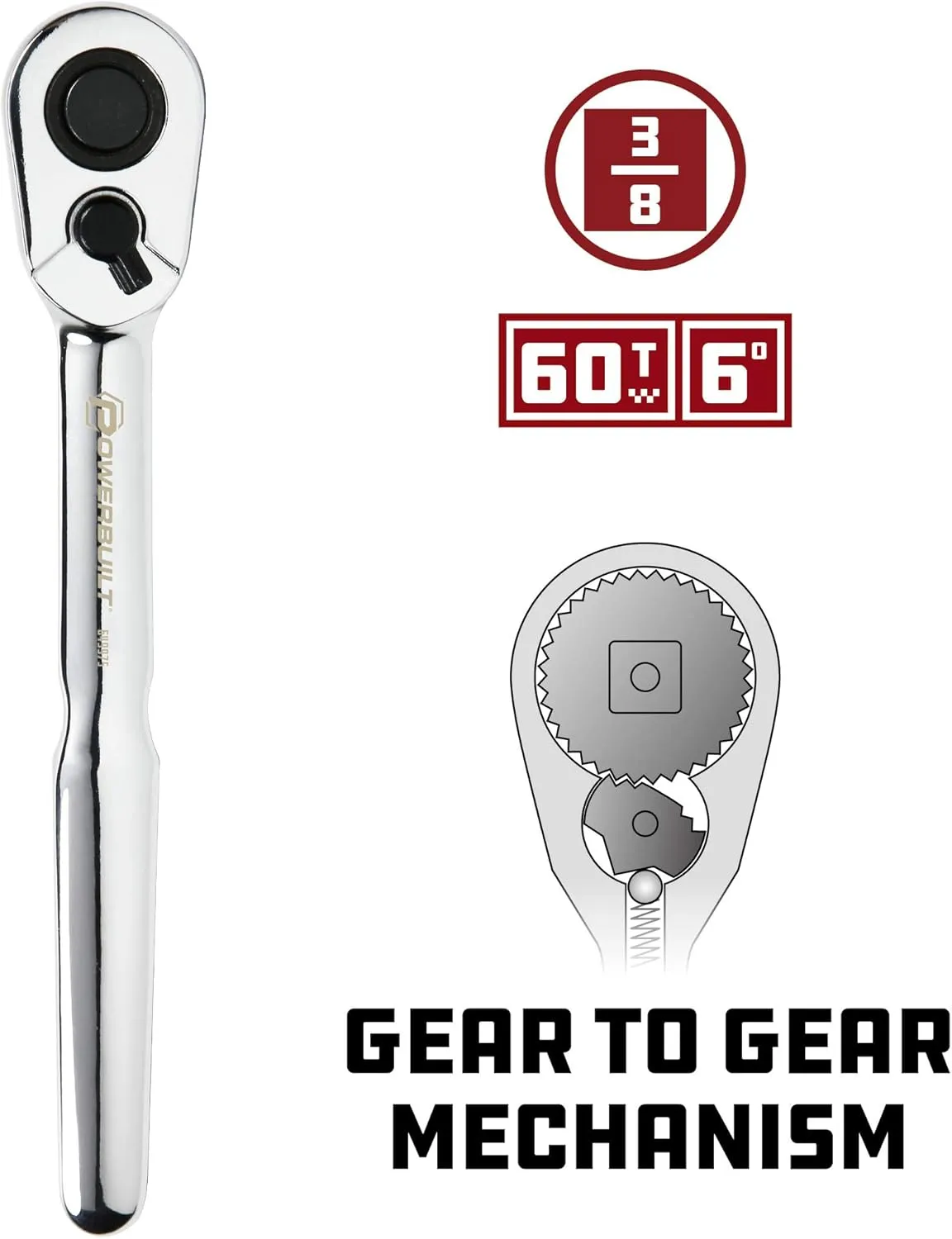 Powerbuilt Low Profile Ratchet, 3/8 Inch Drive, Slim Design Tight Spaces, Quick Thumb Button Socket Release, 649975, Silver