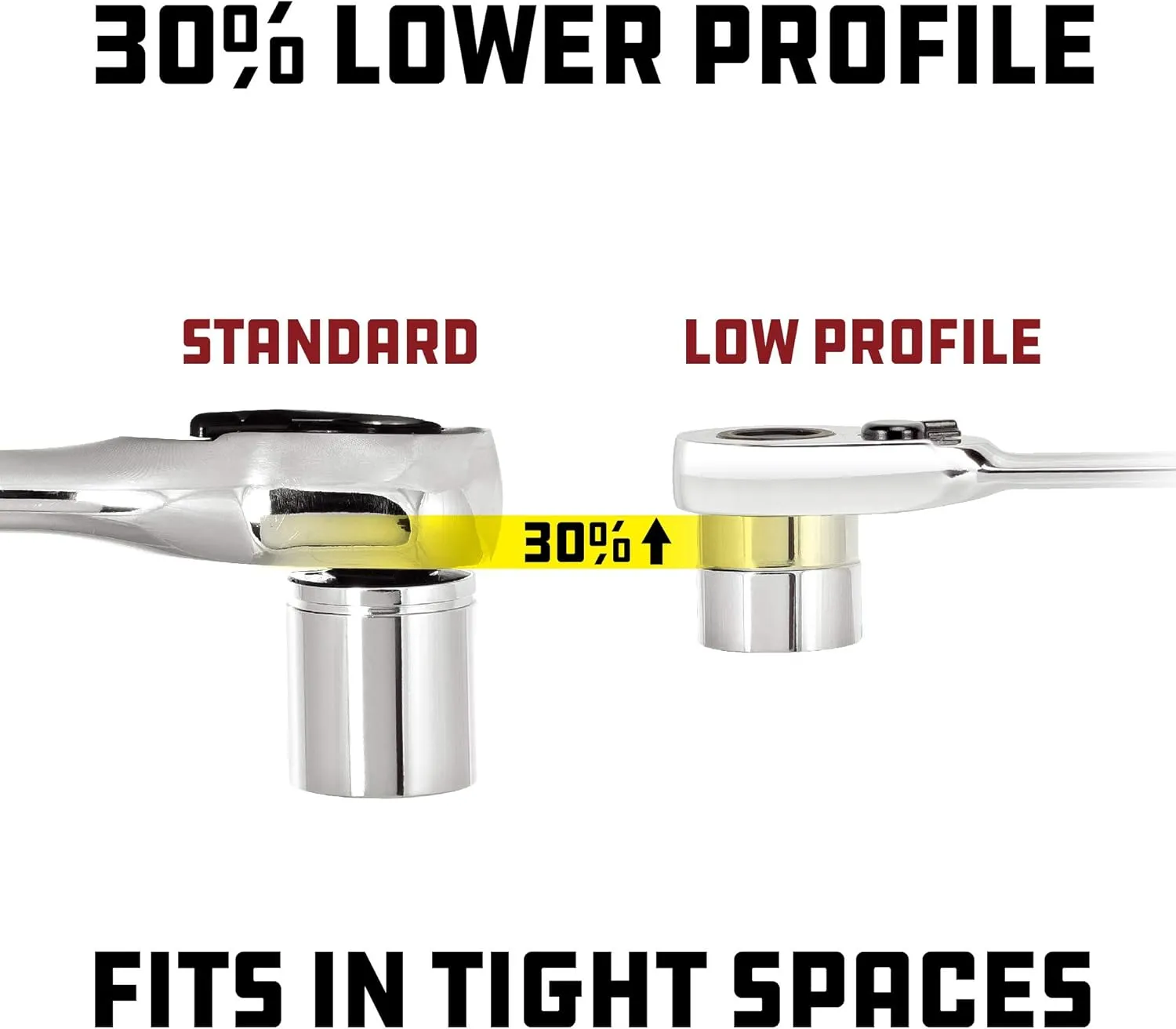 Powerbuilt Low Profile Ratchet, 3/8 Inch Drive, Slim Design Tight Spaces, Quick Thumb Button Socket Release, 649975, Silver
