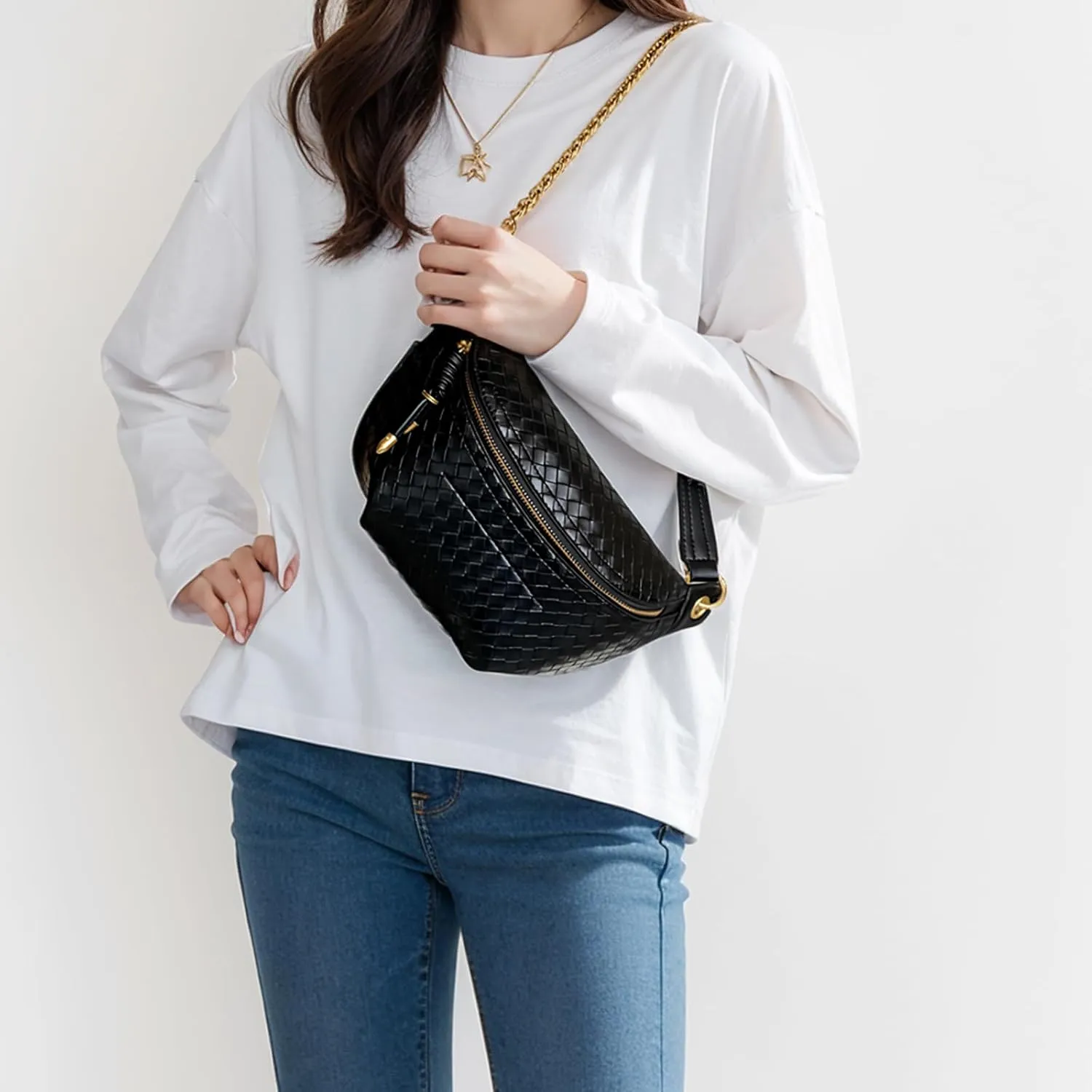 PU Leather Fanny Pack Crossbody Sling Bag for Women - Trendy Belt Bag with Adjustable Strap, Lightweight for Travel Daily Use (Imitate Woven Black)