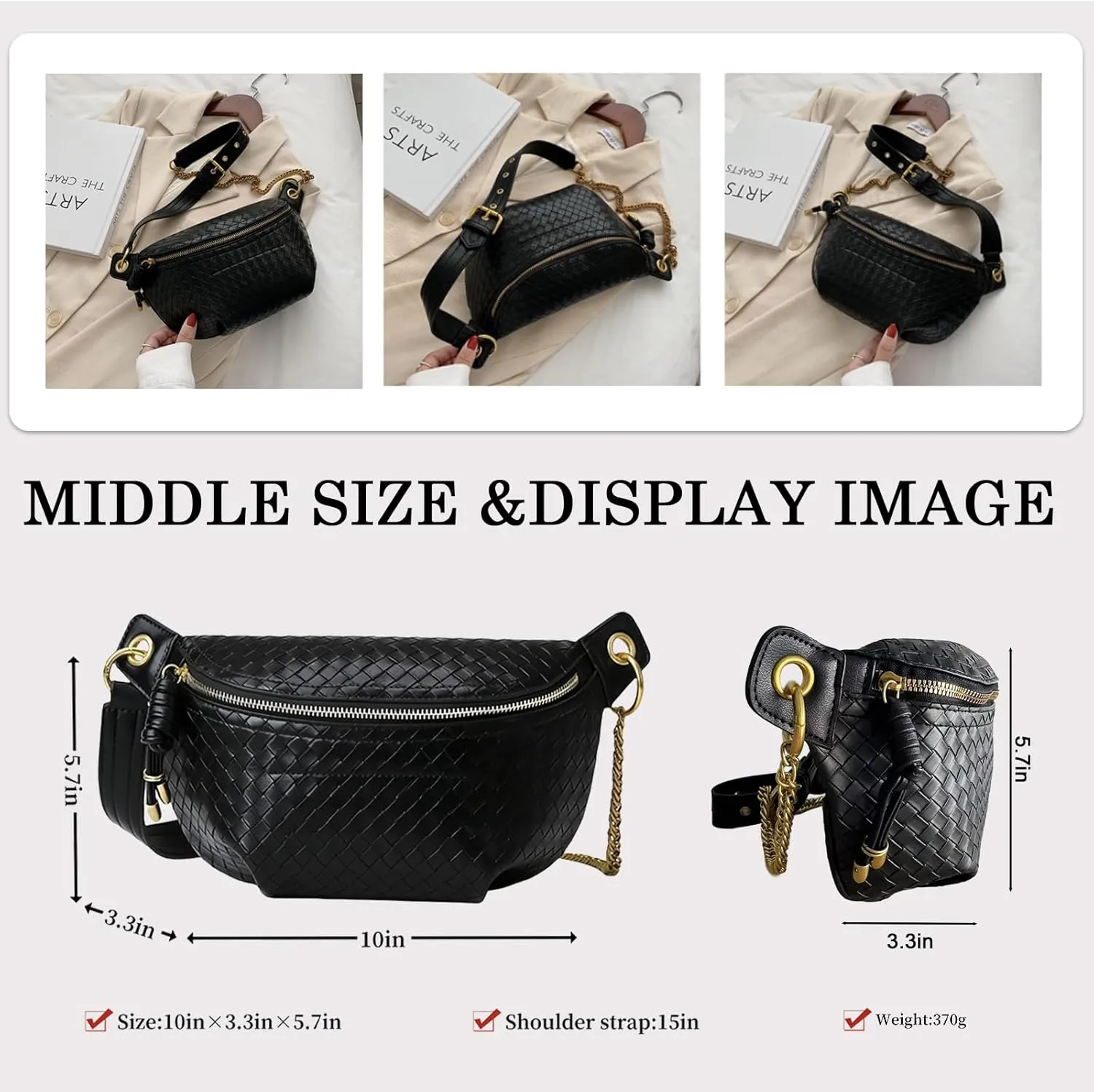 PU Leather Fanny Pack Crossbody Sling Bag for Women - Trendy Belt Bag with Adjustable Strap, Lightweight for Travel Daily Use (Imitate Woven Black)