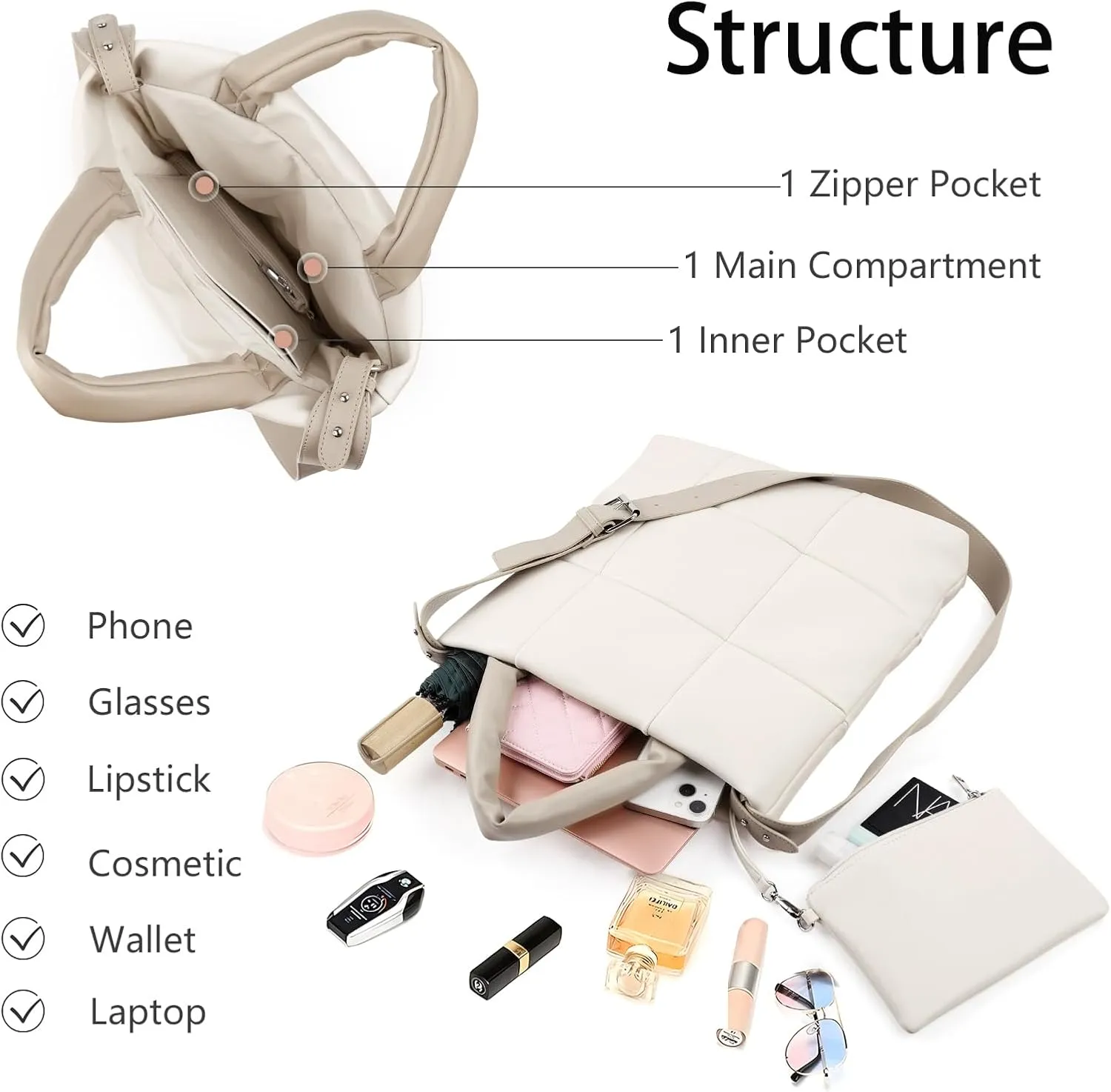 Puffer Tote Bag, Quilted Crossbody Bag with Zip, Top-Handle Shoulder Bags with Removable Strap, PU Leather Handbags for Women