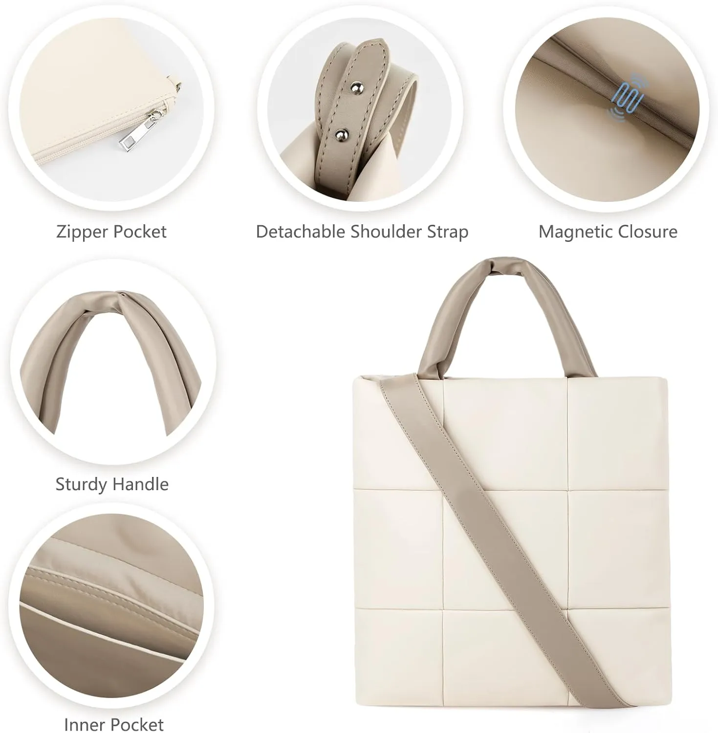 Puffer Tote Bag, Quilted Crossbody Bag with Zip, Top-Handle Shoulder Bags with Removable Strap, PU Leather Handbags for Women