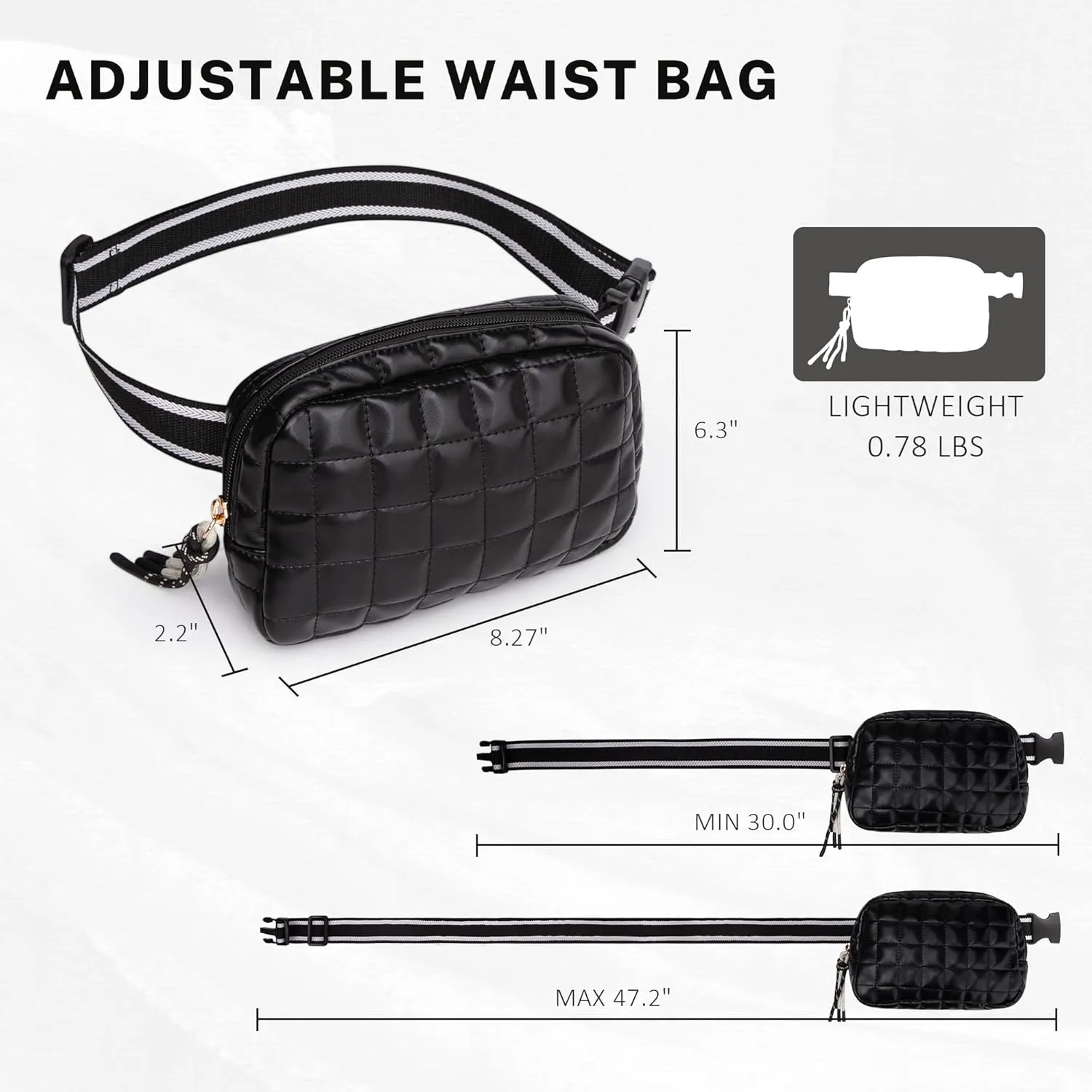 Puffer Waist Bag for Women Quilted Fanny Pack Puffy Belt Bag Cross Body Bag with Adjustable Strap for Running Shopping Hiking Workout (Black)