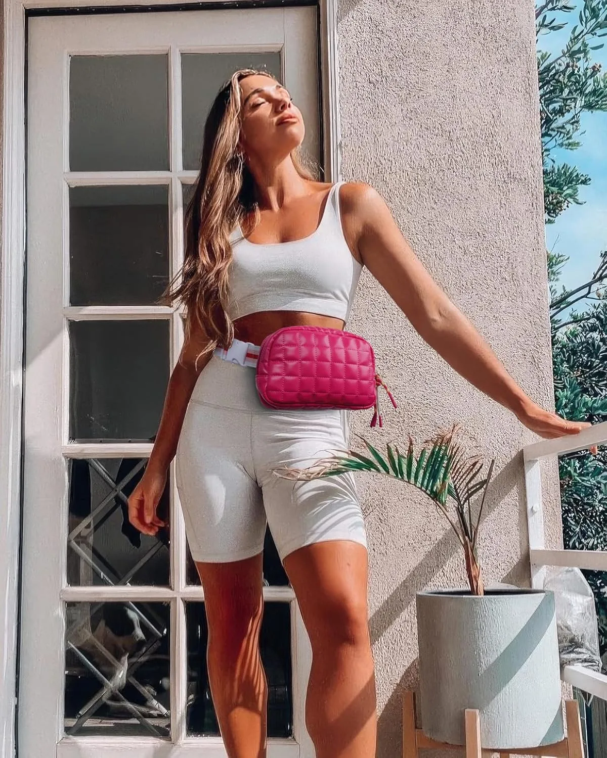 Puffer Waist Bag for Women Quilted Fanny Pack Puffy Belt Bag Cross Body Bag with Adjustable Strap for Running Shopping Hiking Workout (Rose Pink)