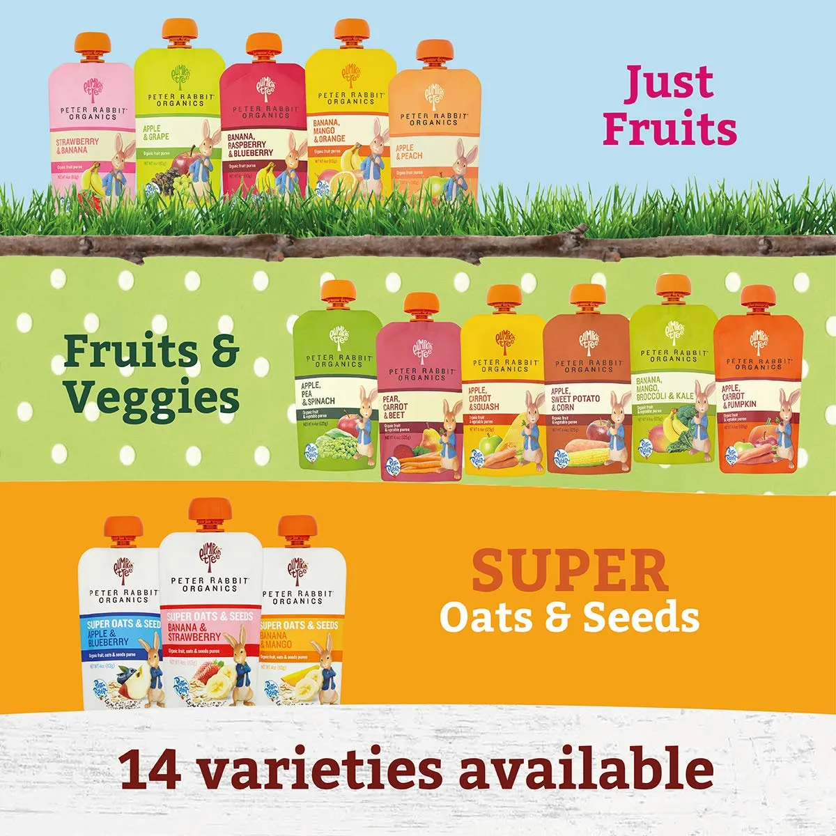 Pumpkin Tree Peter Rabbit Organics, Organic Raspberry, Banana and Blueberry 100% Pure Fruit Snack, 4 oz. Squeeze Pouches (Pack of 10)