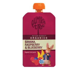 Pumpkin Tree Peter Rabbit Organics, Organic Raspberry, Banana and Blueberry 100% Pure Fruit Snack, 4 oz. Squeeze Pouches (Pack of 10)