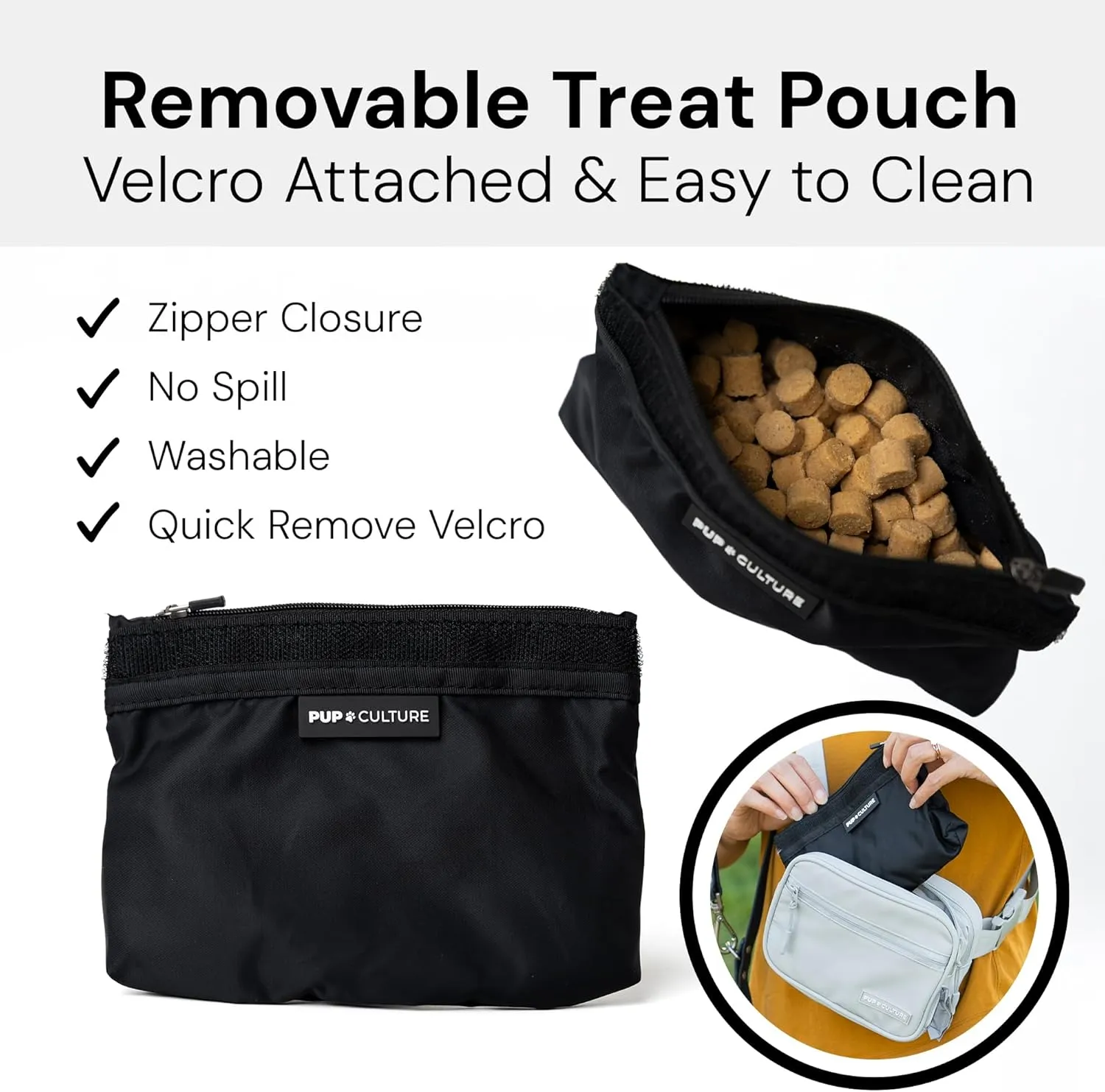 Pup Culture Cross Body Dog Training Treat Pouch | Removable for Anytime Puppy Training | Built-in Poop Bag Dispenser & Used Bag Holder | Stylish Black