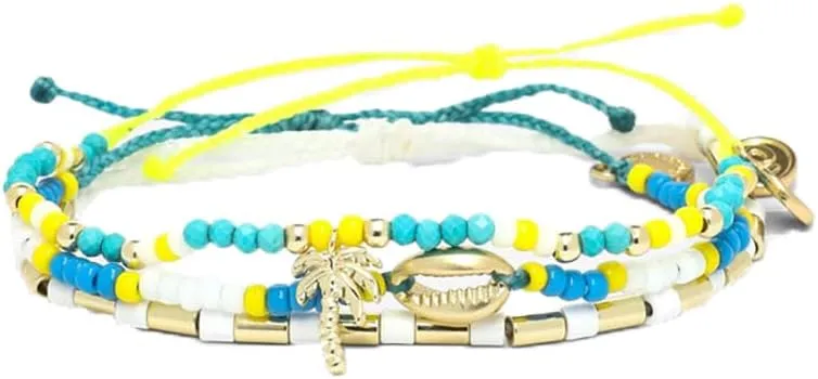 Pura Vida Glowing Palms Style Bracelet Pack - Stackable Bracelets for Women - Handmade Accessories, Adjustable Bands - Multicolor, Set of 3