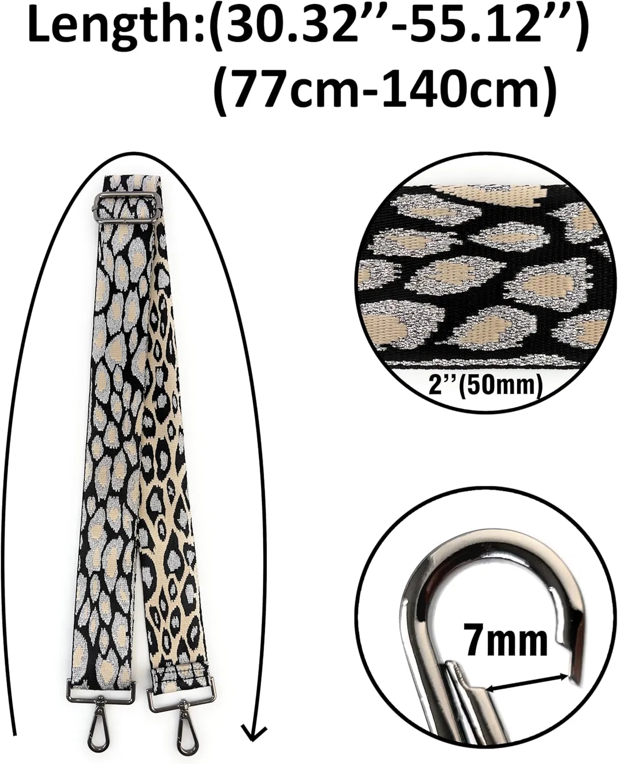 Purse Straps Replacement Crossbody Leopard Print 2 Inch Extra Wide with Gunmetal Black Buckles Silver Thread Adjustable Shoulder Guitar Strap for Crossbody Bag Purse Handbag
