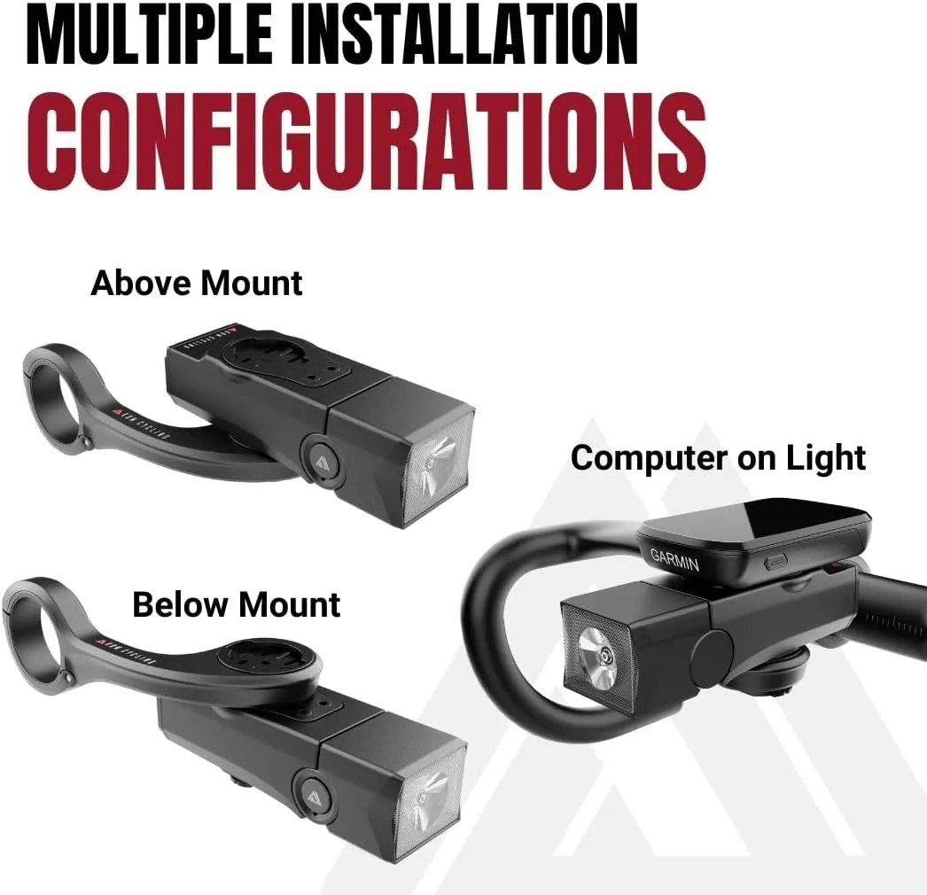 Quick Release 1000 Lumen Bike Front Light by KOM Cycling - Designed for Wahoo and Garmin Mounts with Quarter Turn - 6 Modes, Top or Bottom Mounting, 30 Degree Hinge