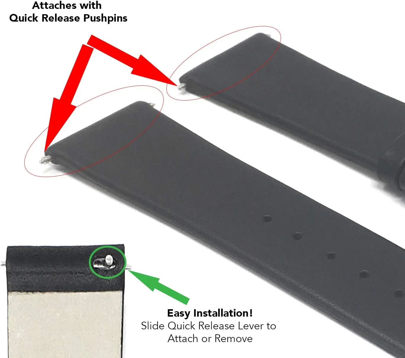 Quick Release Pushpins, Leather Replacement Watch Band for Skagen Watch Band Strap, Attaches with Pushpins, Many Colors - 12mm, 14mm, 16mm, 18mm, 20mm, 22mm, 24mm