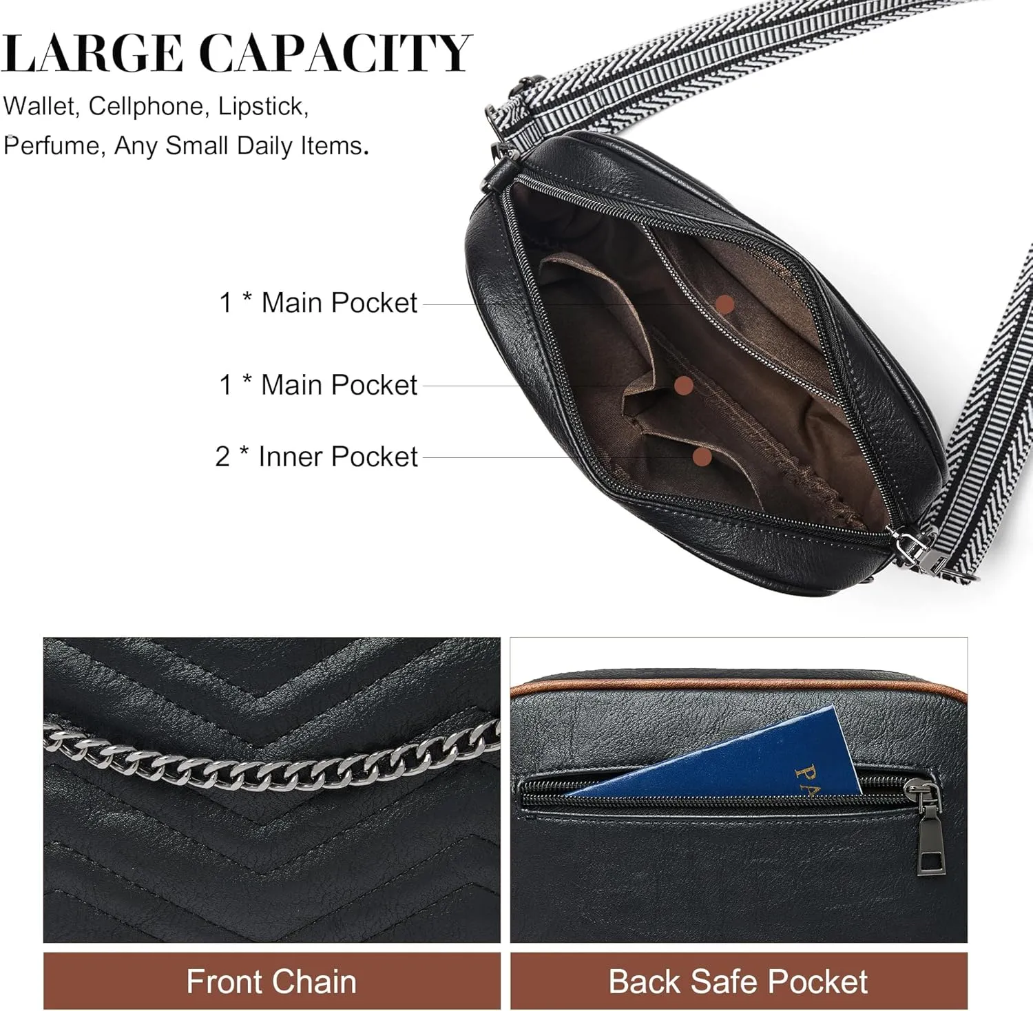 Quilted Crossbody Bags for Women 3-Pockets Crossbody Purses Vegan Leather Shoulder Handbags with Wide Strap