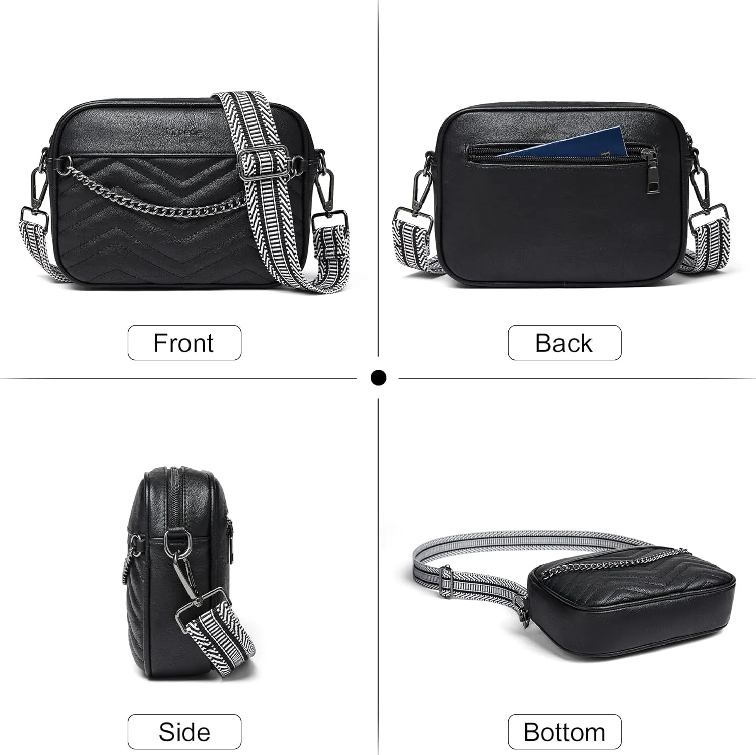 Quilted Crossbody Bags for Women 3-Pockets Crossbody Purses Vegan Leather Shoulder Handbags with Wide Strap