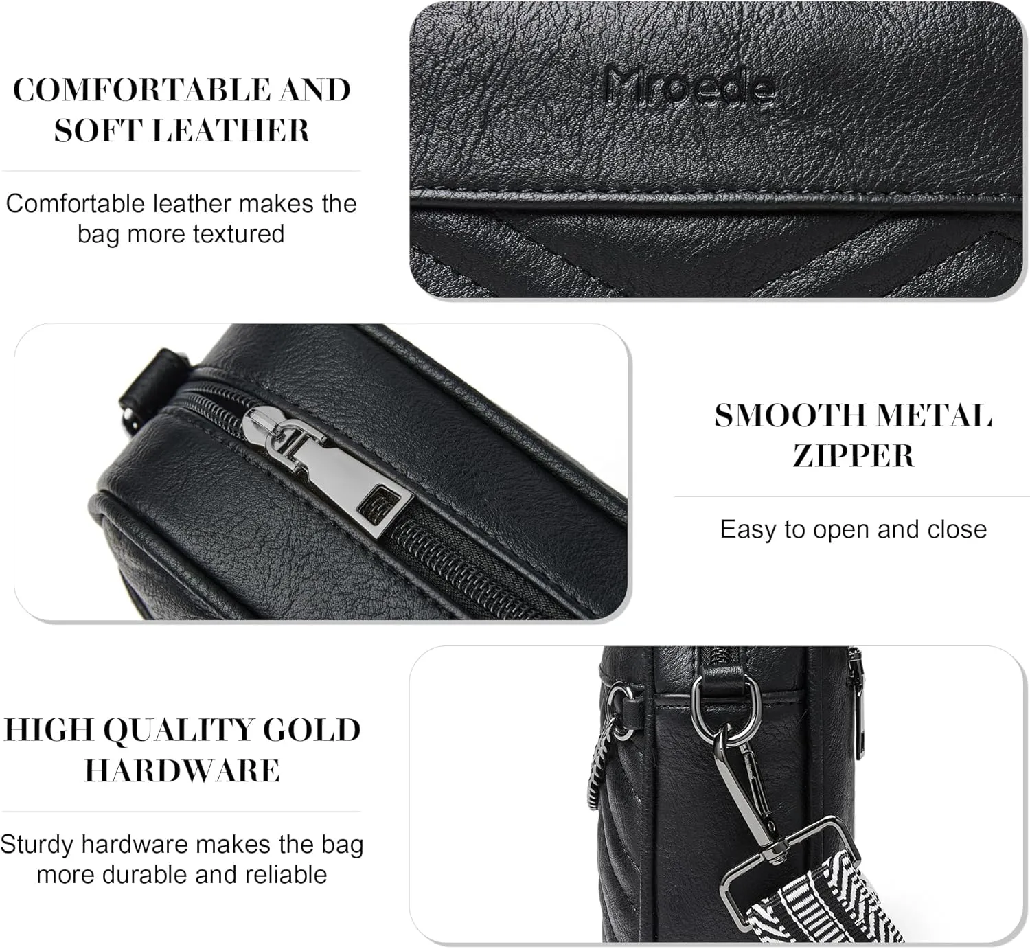 Quilted Crossbody Bags for Women 3-Pockets Crossbody Purses Vegan Leather Shoulder Handbags with Wide Strap