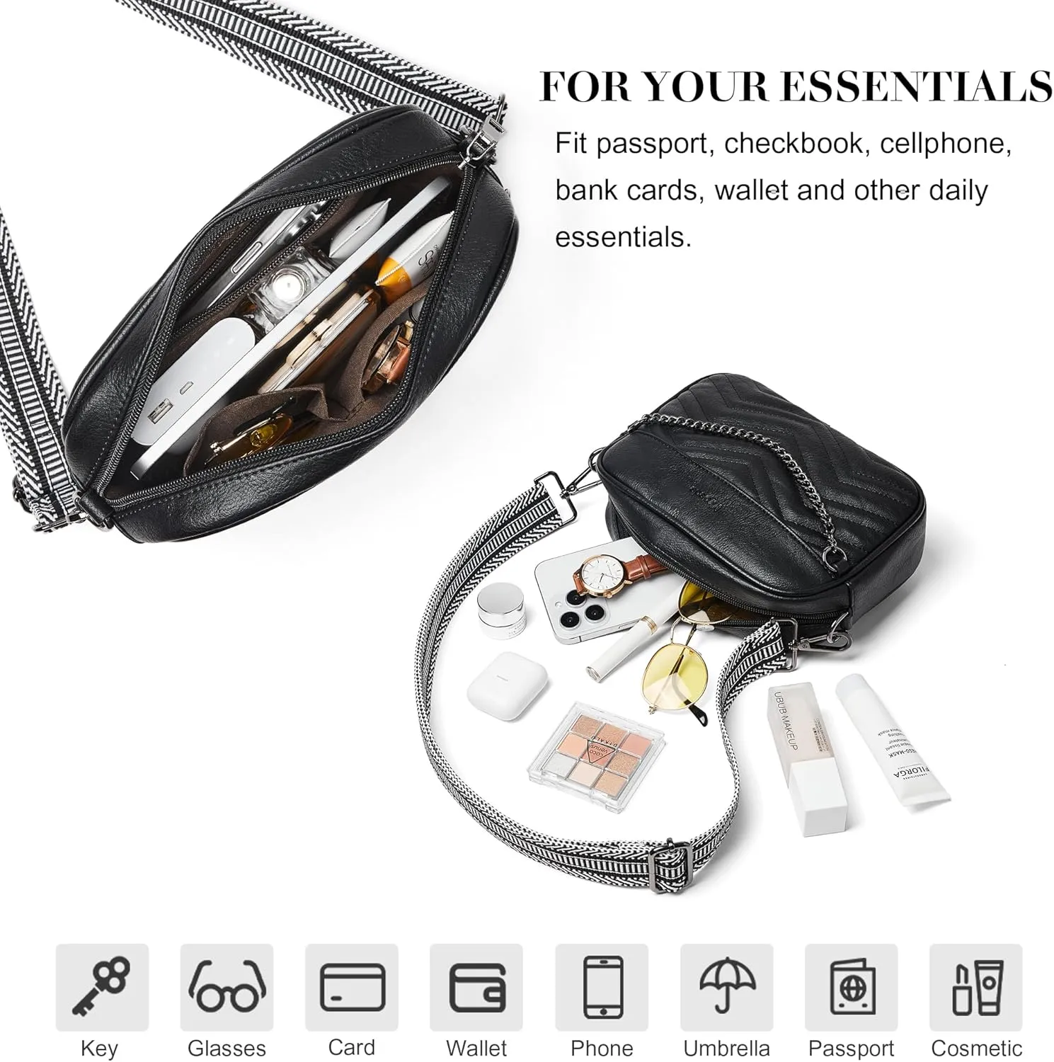 Quilted Crossbody Bags for Women 3-Pockets Crossbody Purses Vegan Leather Shoulder Handbags with Wide Strap