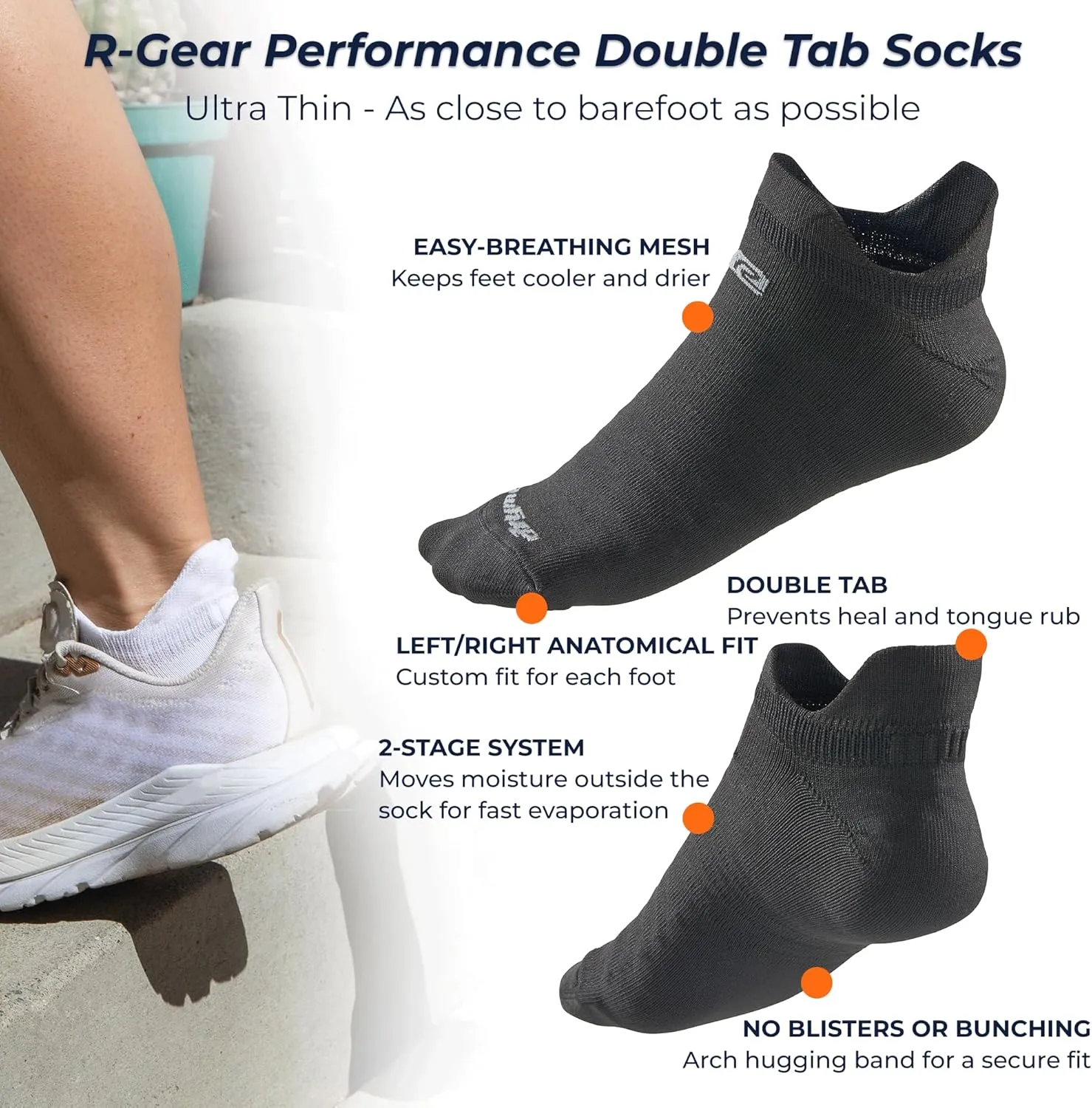 R-Gear Drymax Double Tab Running Socks For Men and Women | Breathable, Moisture Control & Anti Blister | 3 Pack