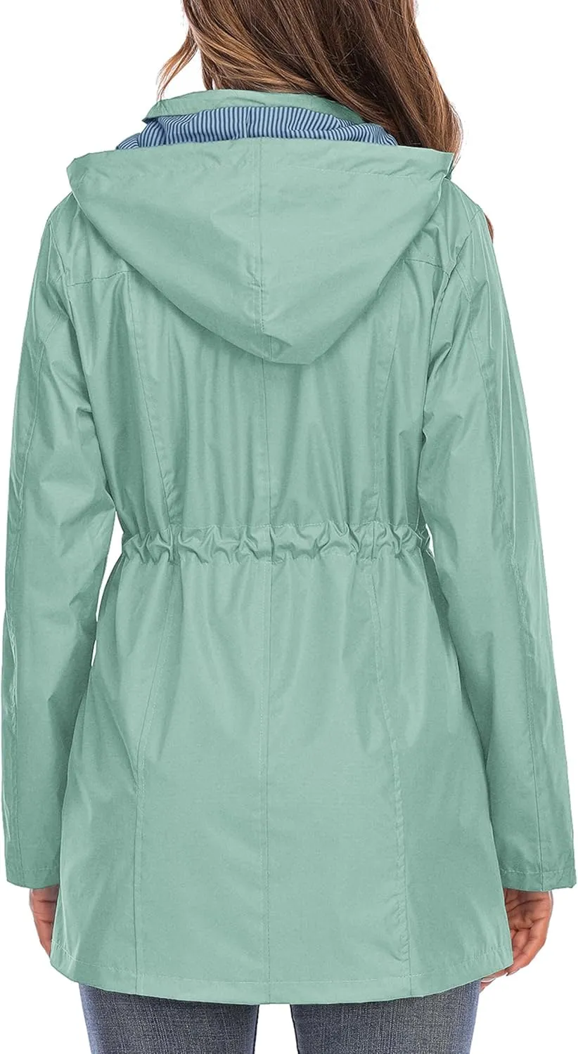 Rain Jacket Women Striped Lined Hooded Lightweight Raincoat Outdoor Waterproof Windbreaker